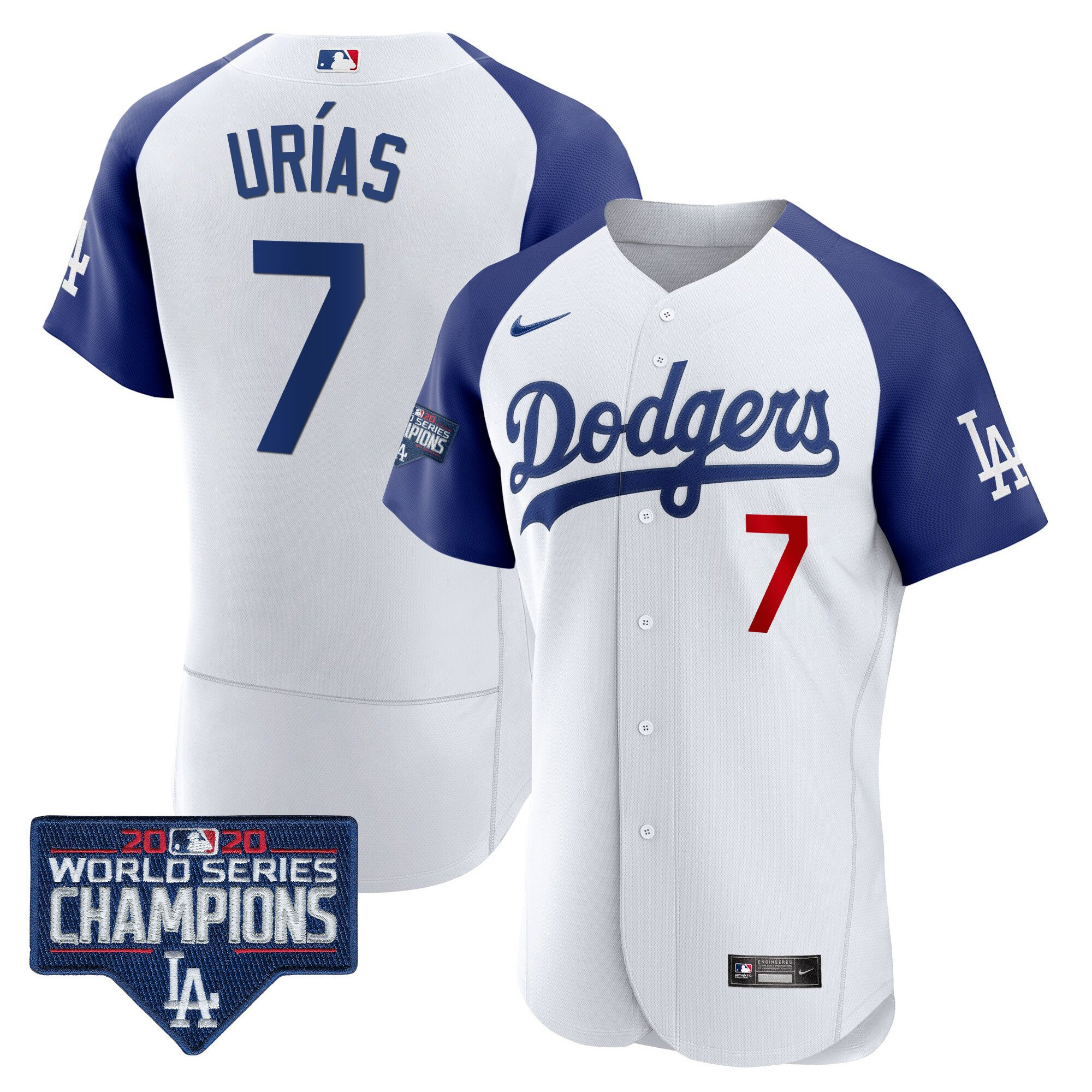 Julio Urías Men's Los Angeles Dodgers World Series Champions Patch Flex Base Alternate White Jersey - All Stitched