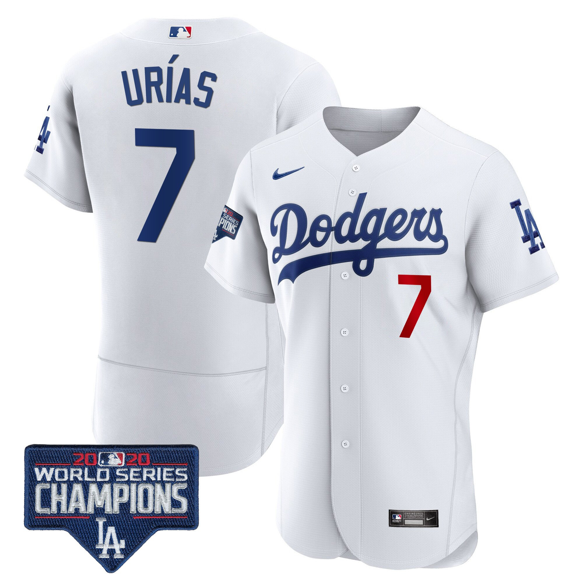 Julio UrÃas Men's Los Angeles Dodgers World Series Champions Patch Flex Base White Jersey - All Stitched
