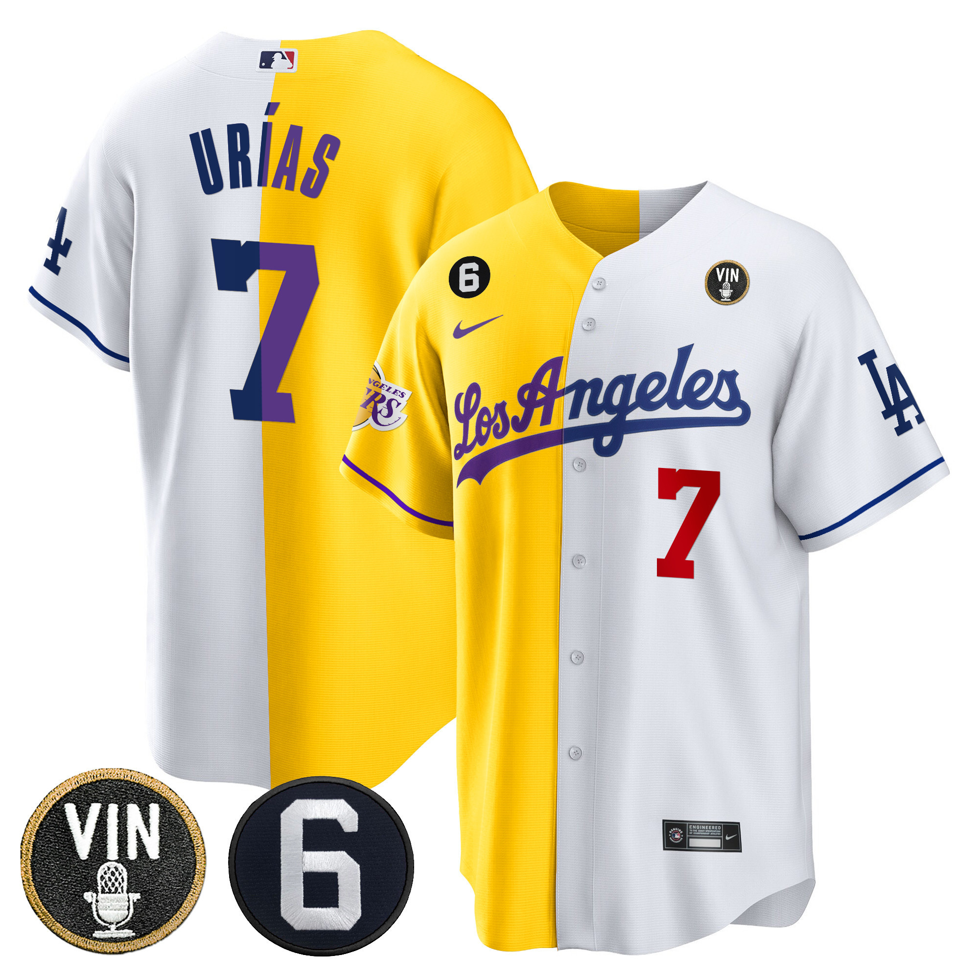 Julio Urías Men's Split Los Angeles Dodgers - Lakers Cool Base Gold White Jersey - All Stitched