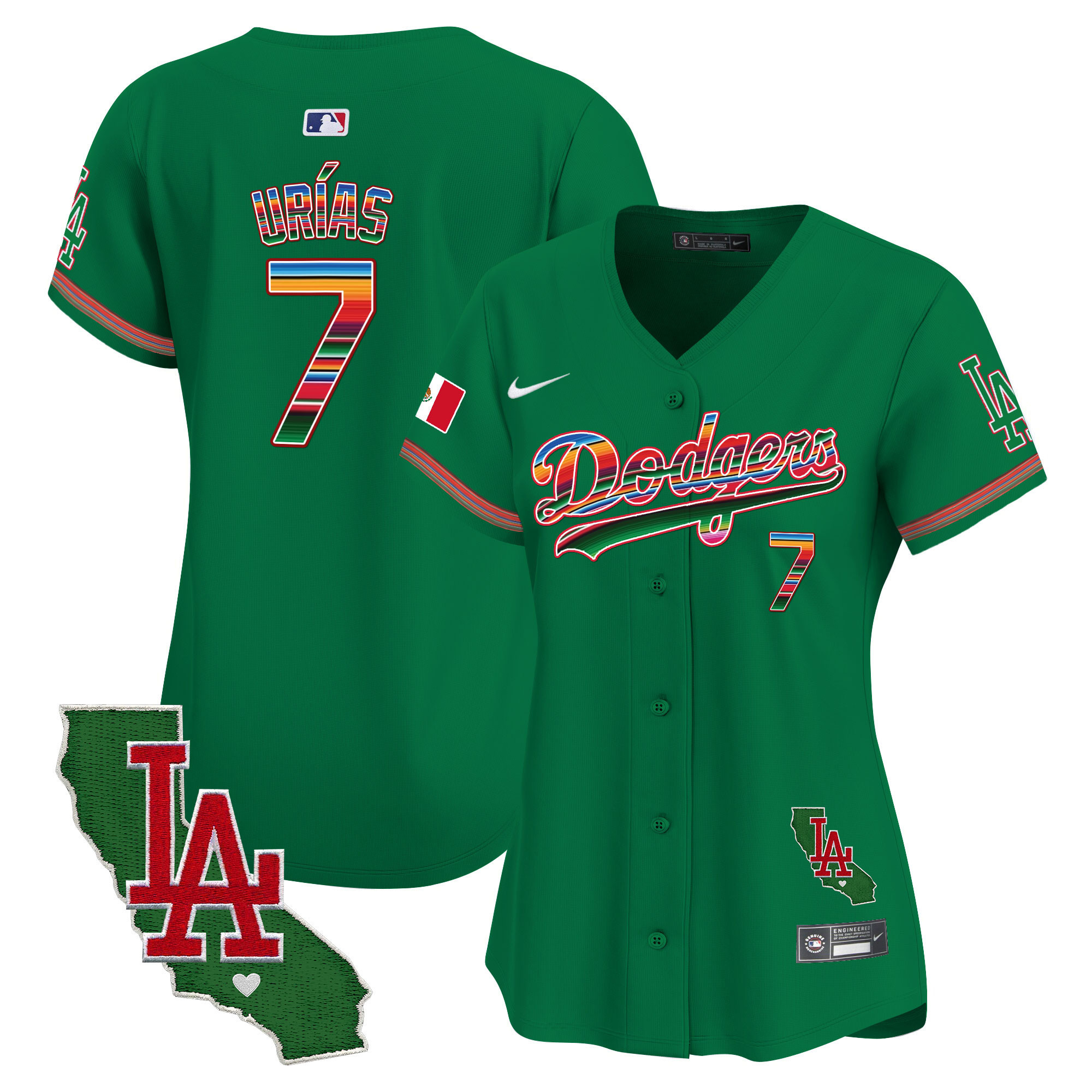 Julio Urías Women's Los Angeles Dodgers Mexico California Patch Vapor Premier Limited V2 Green Jersey - All Stitched