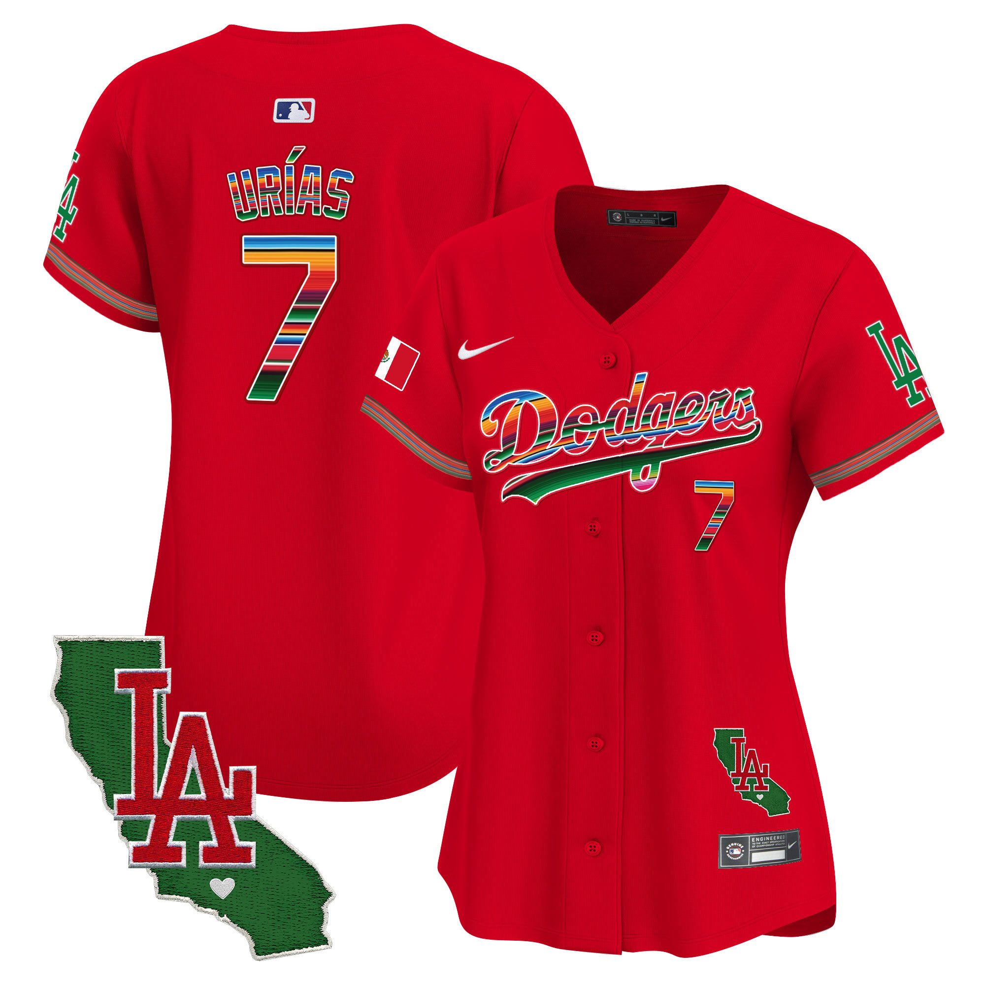 Julio Urías Women's Los Angeles Dodgers Mexico California Patch Vapor Premier Limited V2 Red Jersey - All Stitched