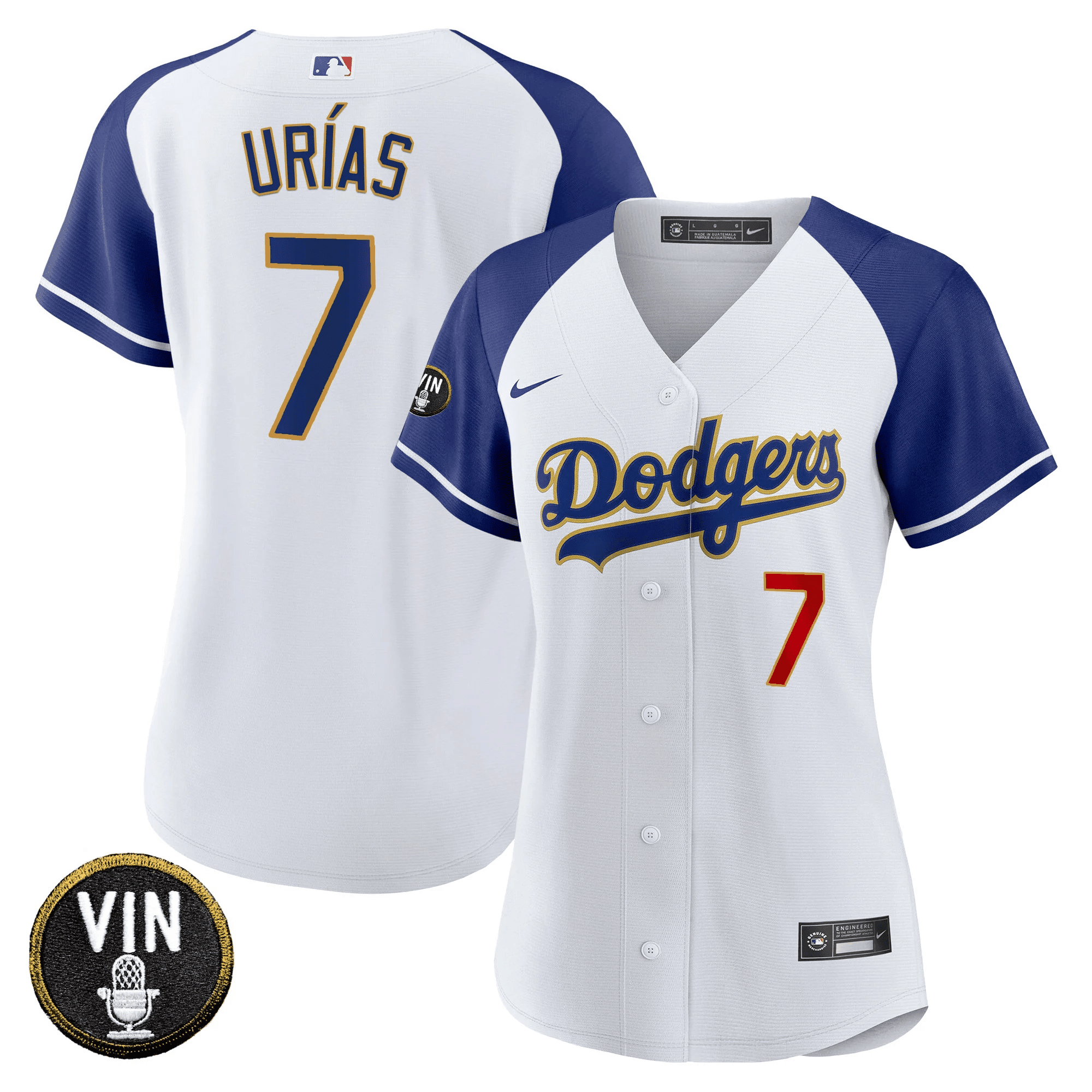 Julio Urías Women's Los Angeles Dodgers Vin Scully Patch Gold Trim Alternate White Jersey - All Stitched