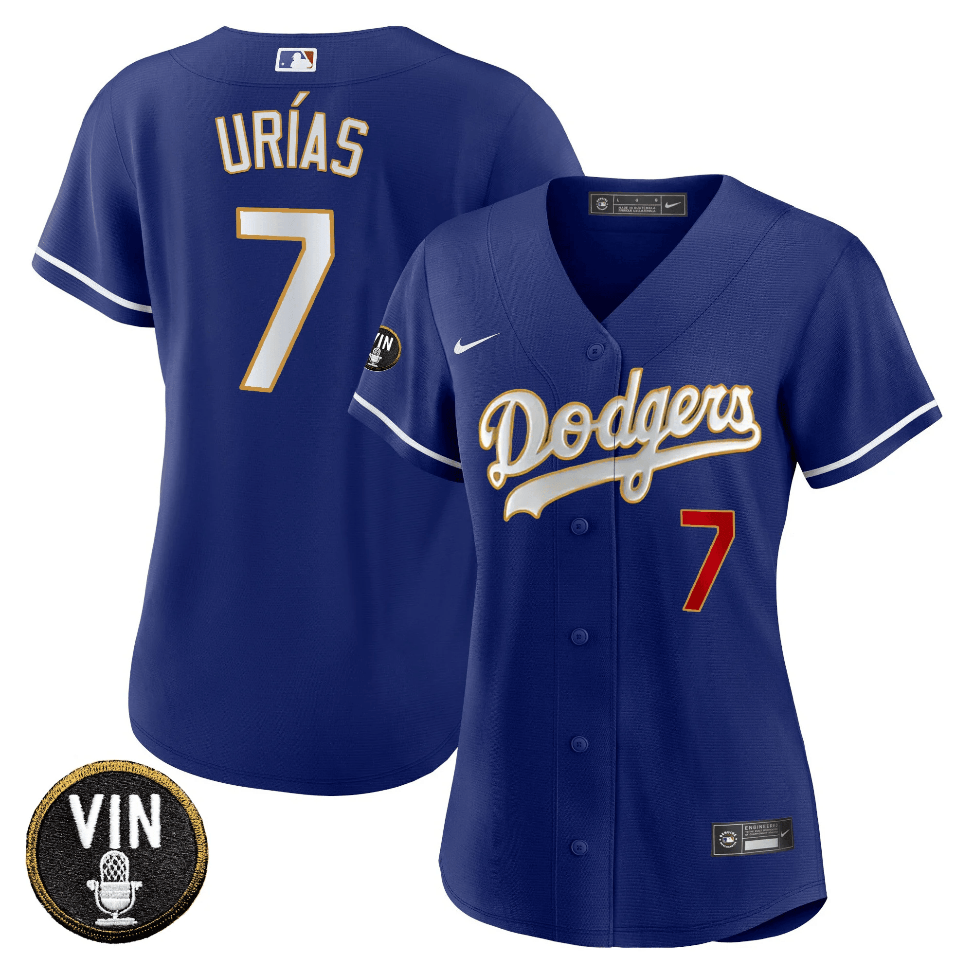 Julio Urías Women's Los Angeles Dodgers Vin Scully Patch Gold Trim Royal Jersey - All Stitched