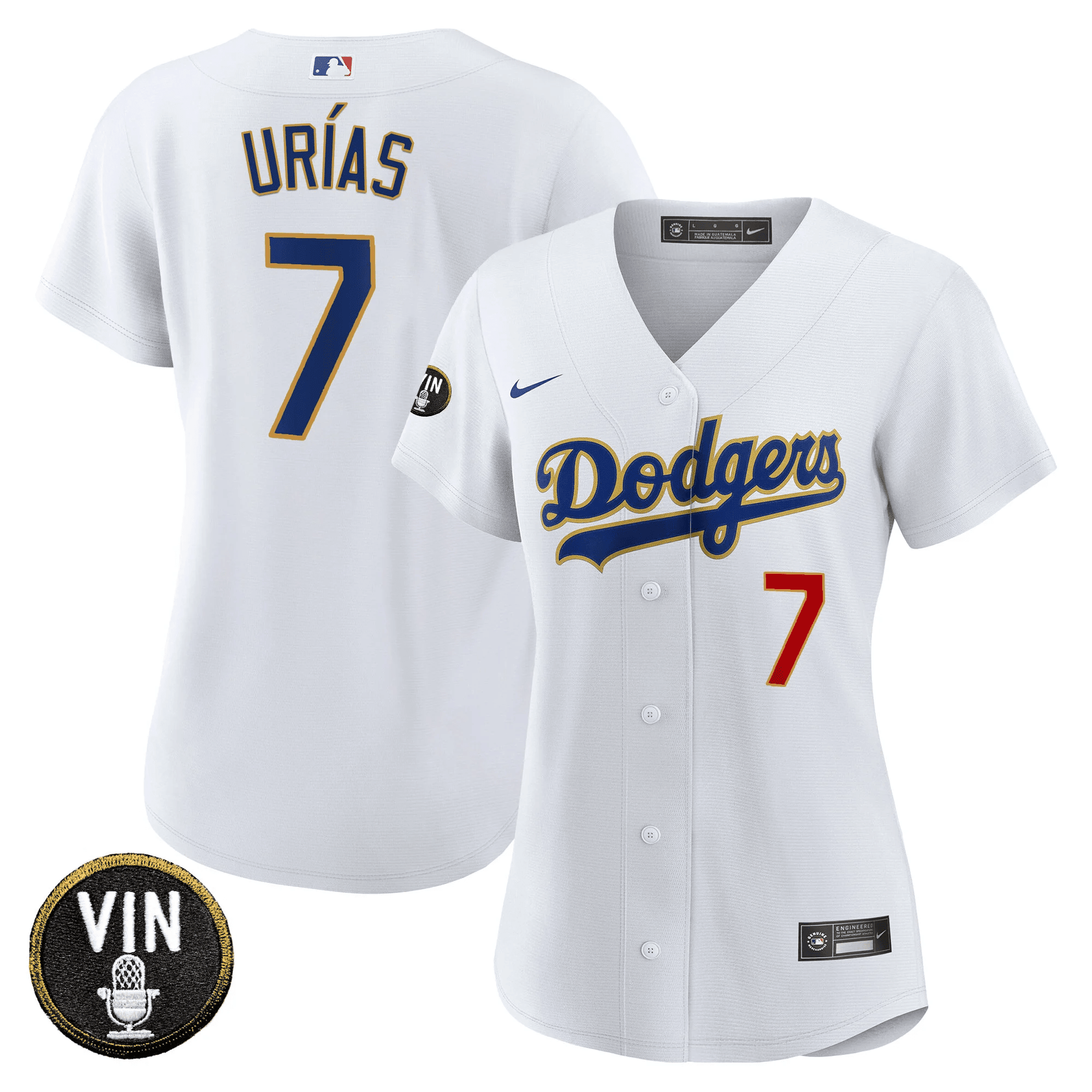 Julio Urías Women's Los Angeles Dodgers Vin Scully Patch Gold Trim White Jersey - All Stitched