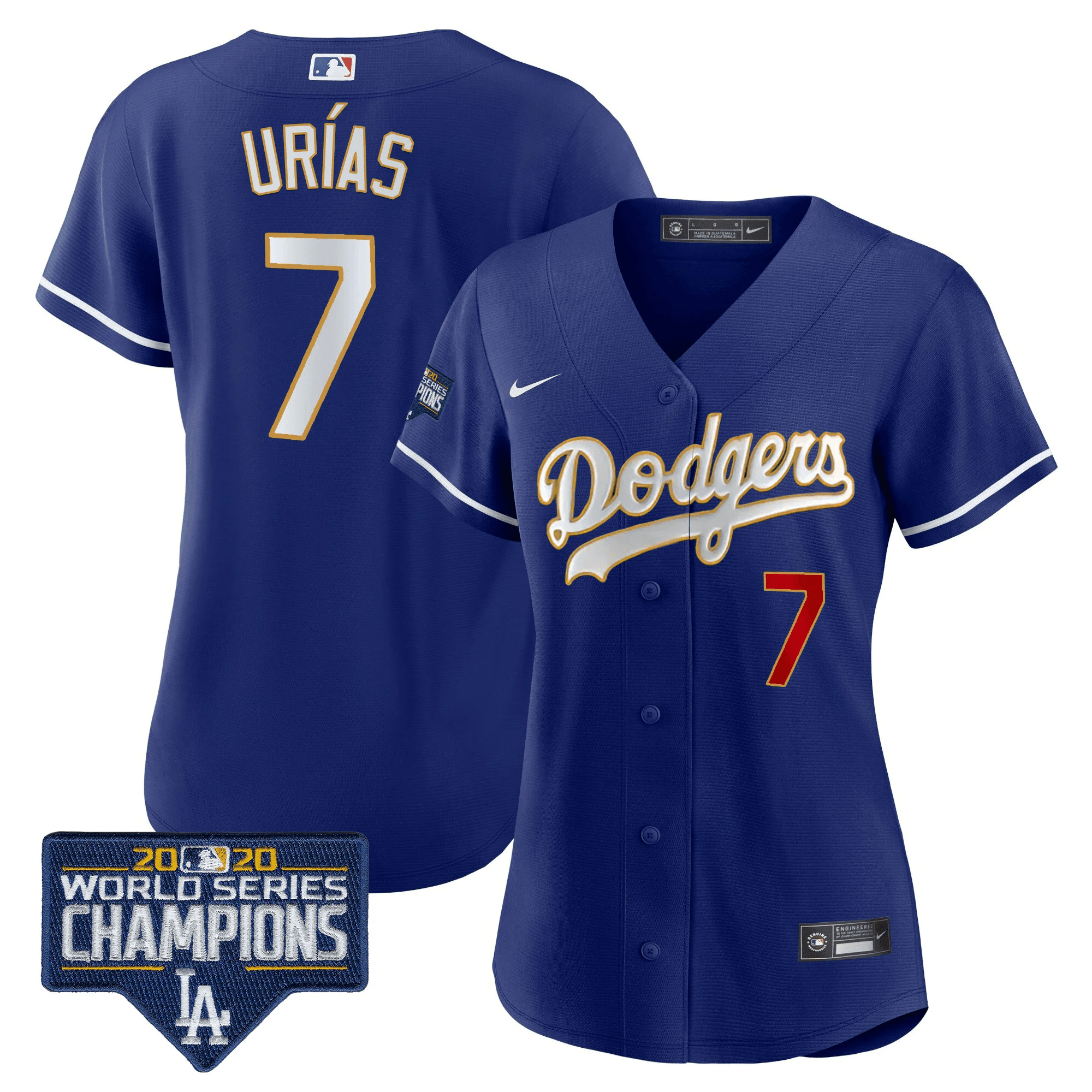 Julio Urías Women's Los Angeles Dodgers World Series Champions Patch Gold Trim Royal Jersey - All Stitched