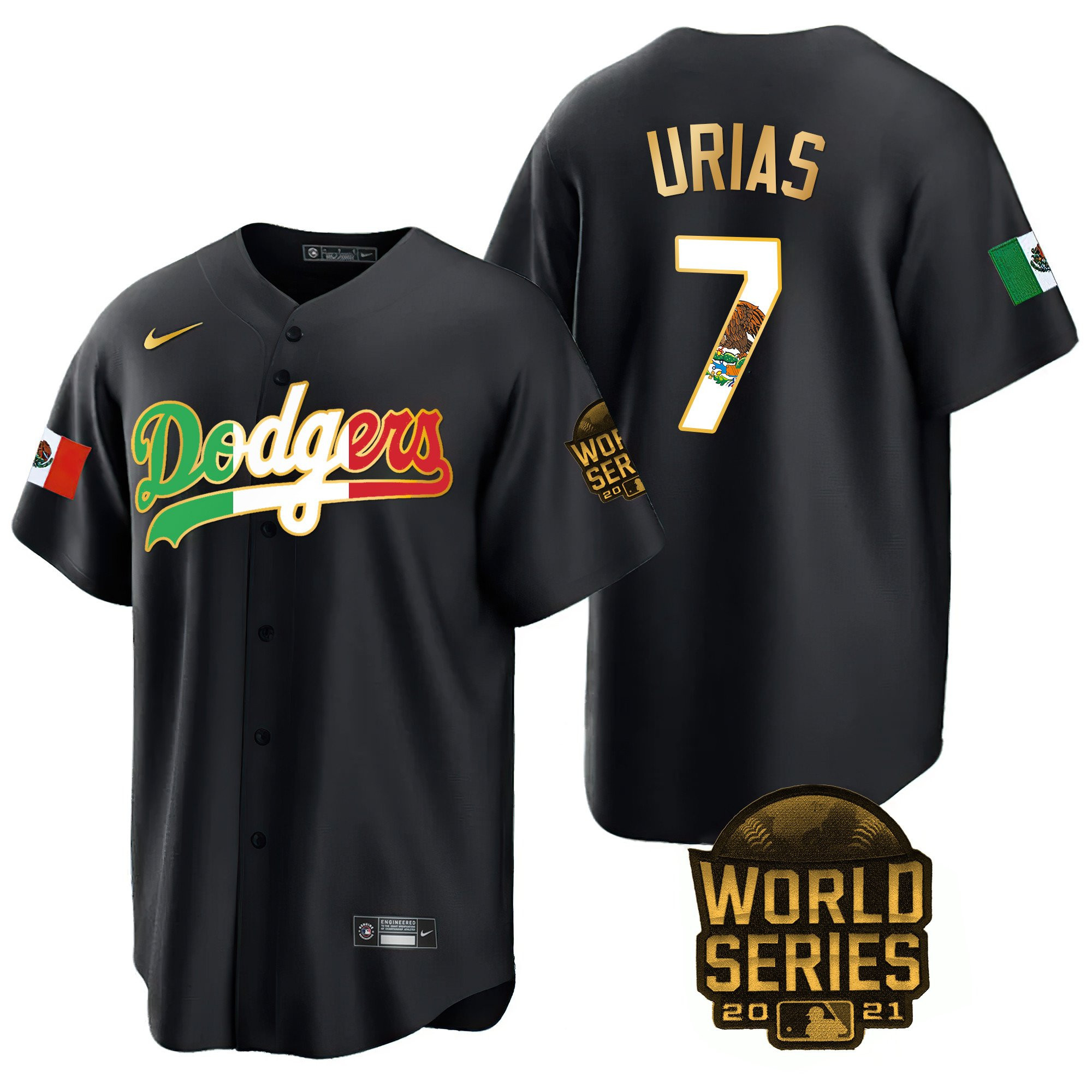 Julio Urias Men's Los Angeles Dodgers Mexico World Series Patch Black Gold Trim Jersey - All Stitched