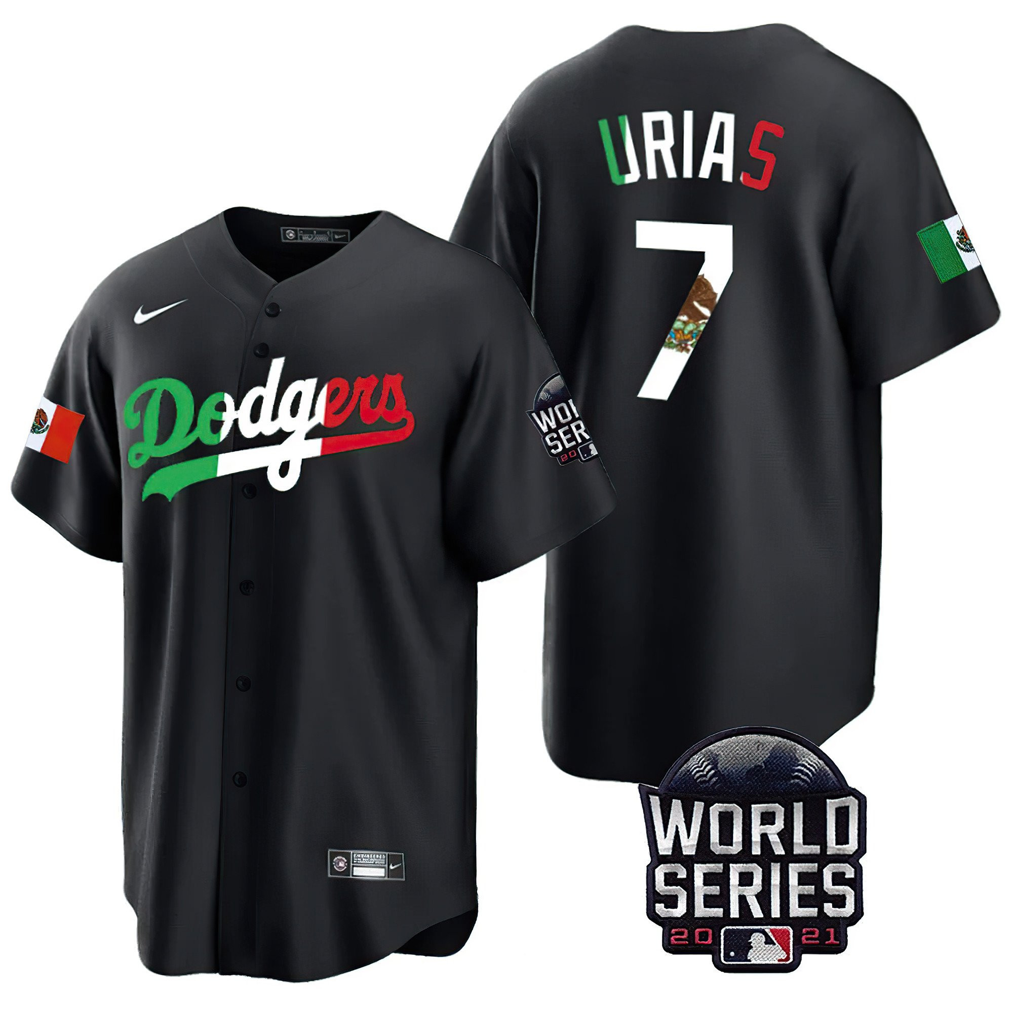 Julio Urias Men's Los Angeles Dodgers Mexico World Series Patch Black Jersey - All Stitched