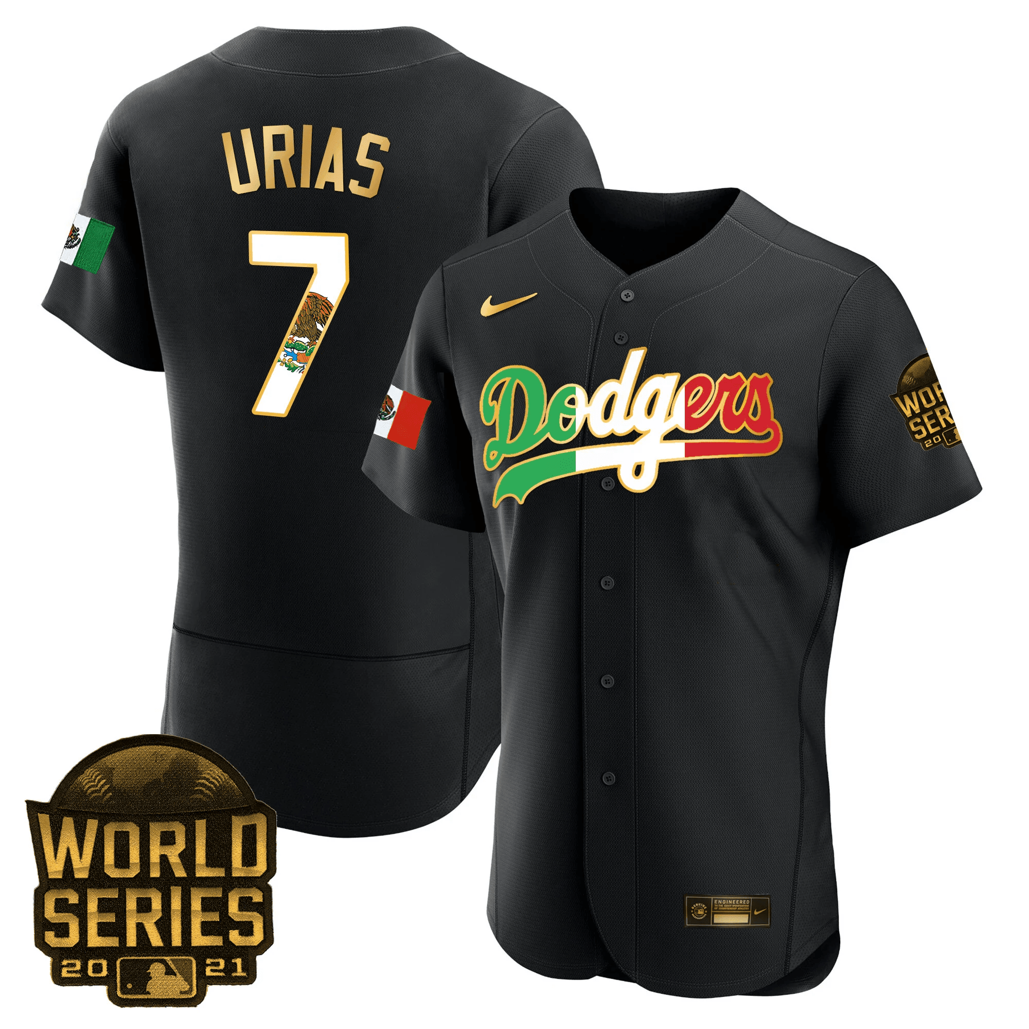 Julio Urias Men's Los Angeles Dodgers Mexico World Series Patch Flex Base Black Gold Trim Jersey - All Stitched