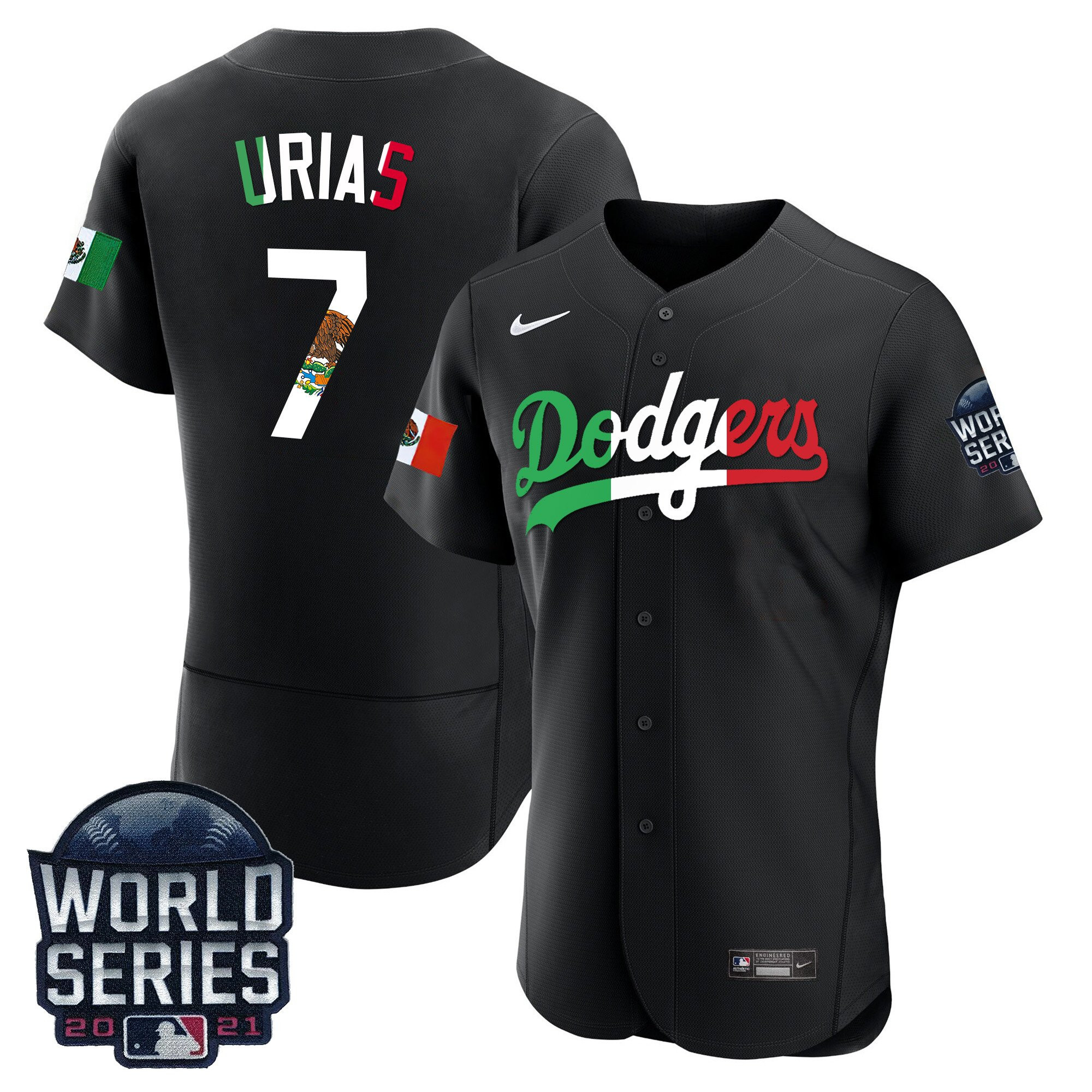 Julio Urias Men's Los Angeles Dodgers Mexico World Series Patch Flex Base Black Jersey - All Stitched