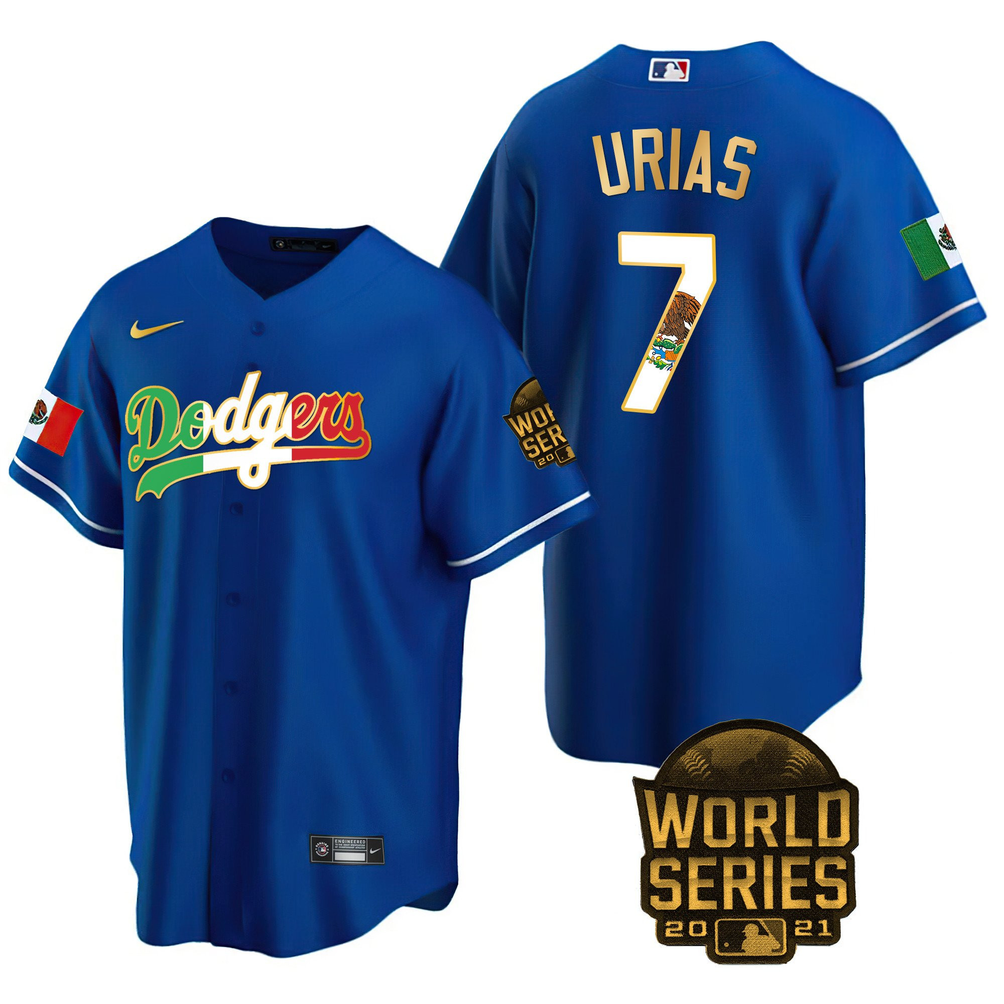 Julio Urias Men's Los Angeles Dodgers Mexico World Series Patch Royal Gold Trim Jersey - All Stitched
