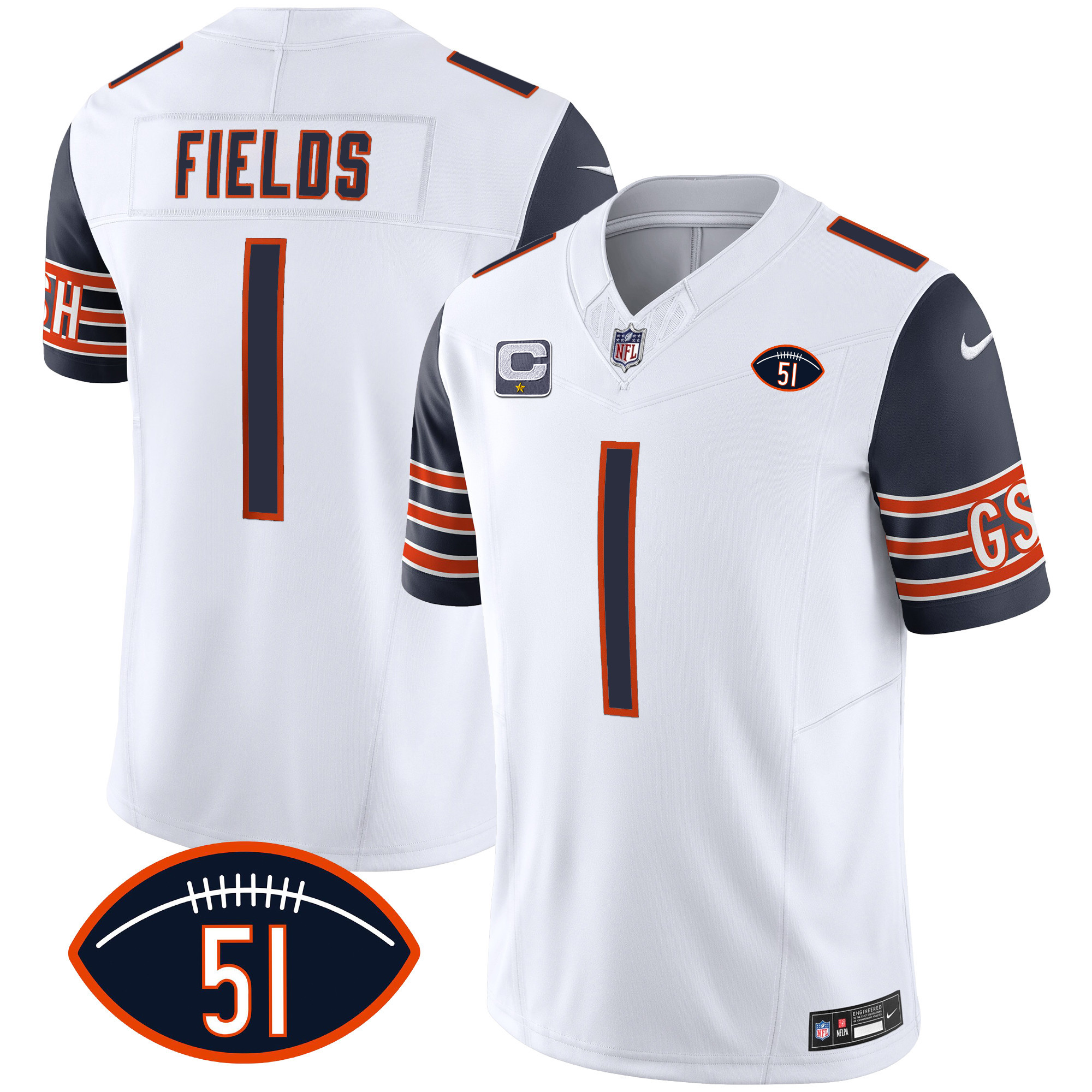 Justin Fields Men's Chicago Bears Dick Butkus Patch GSH Vapor Navy Sleeves Jersey - All Stitched 