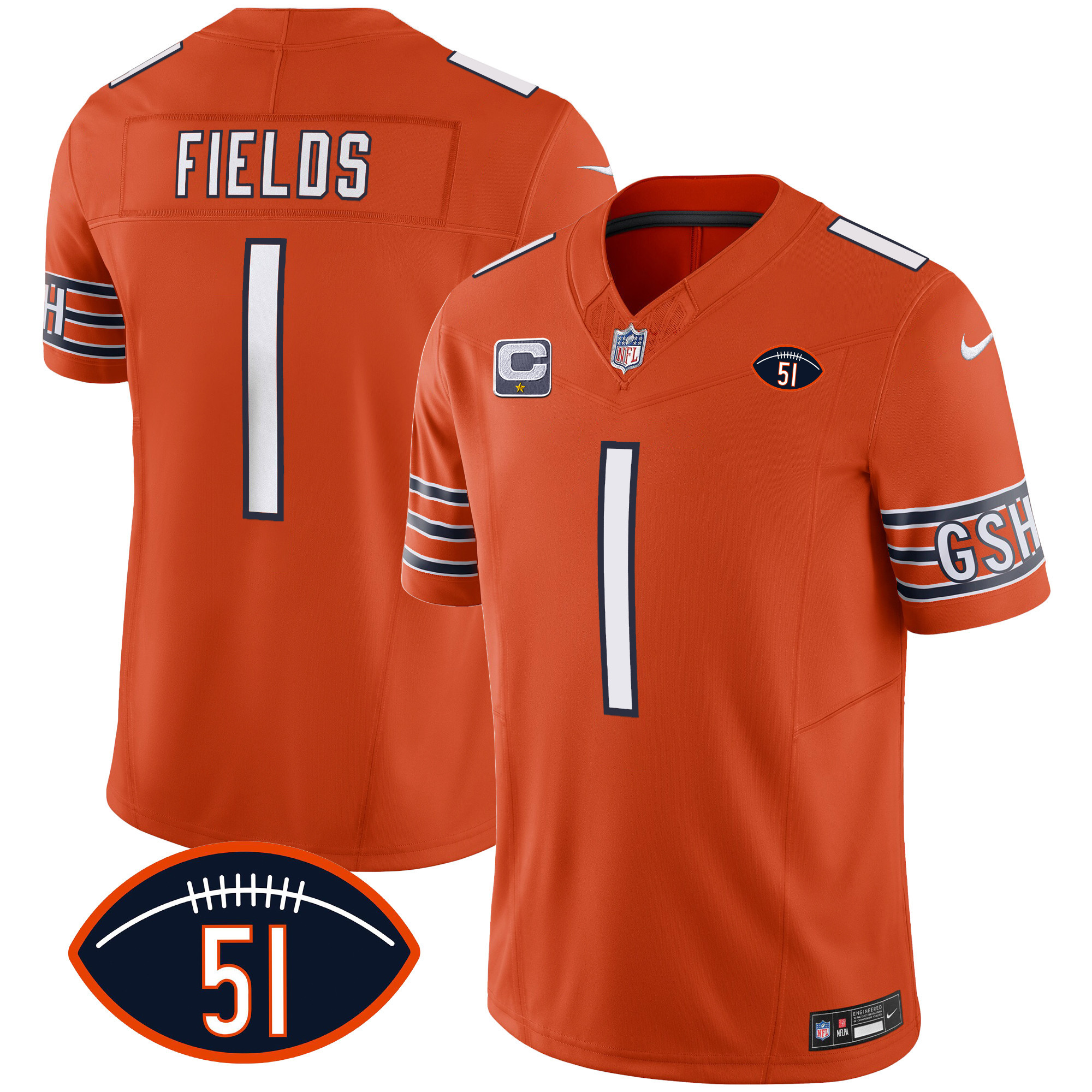 Justin Fields Men's Chicago Bears Dick Butkus Patch GSH Vapor Orange Jersey - All Stitched 