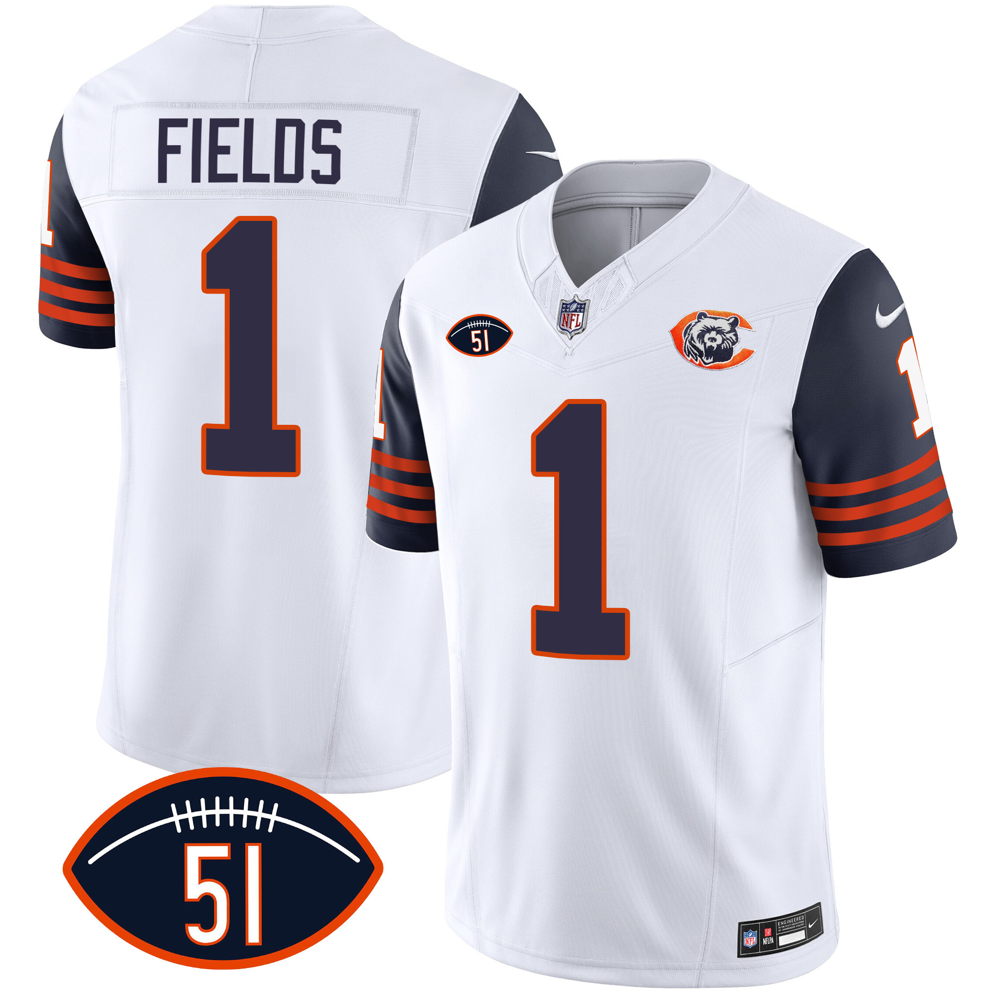 Justin Fields Men's Chicago Bears Throwback Dick Butkus Patch Navy Sleeves Jersey - All Stitched 