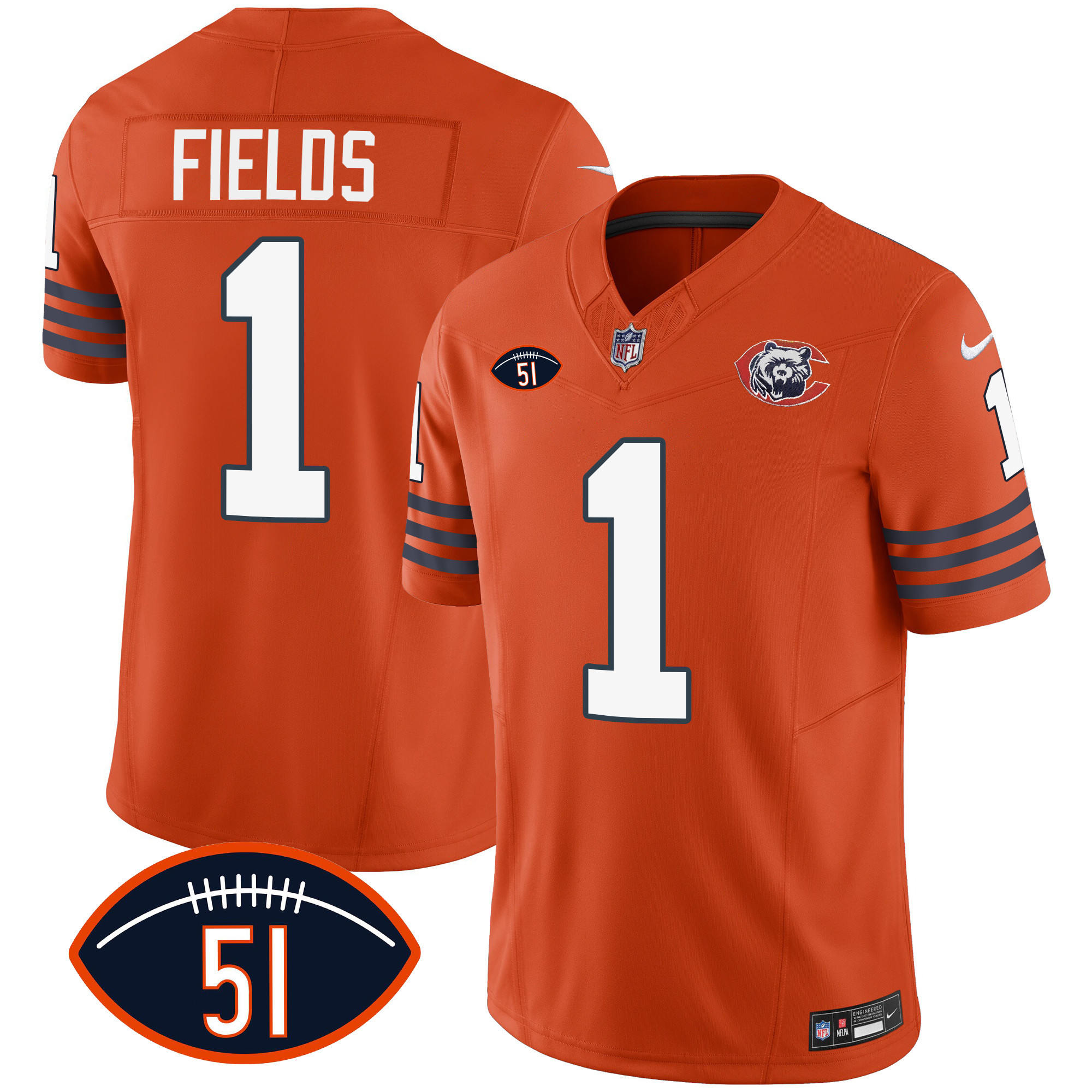 Justin Fields Men's Chicago Bears Throwback Dick Butkus Patch Orange Jersey - All Stitched 
