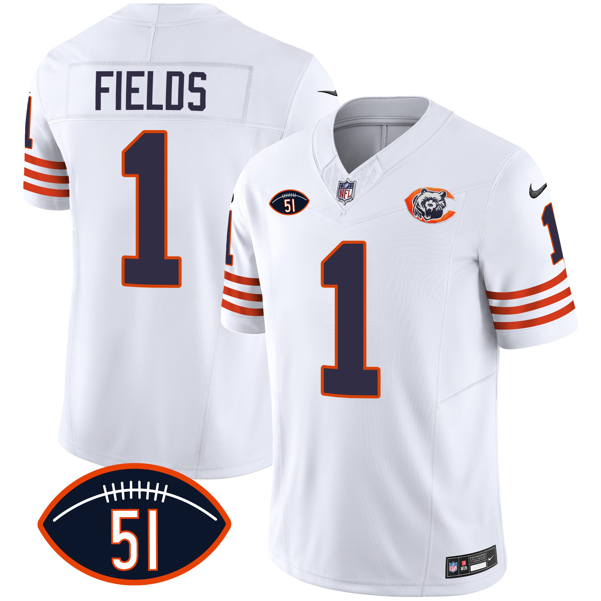 Justin Fields Men's Chicago Bears Throwback Dick Butkus Patch White Jersey - All Stitched 