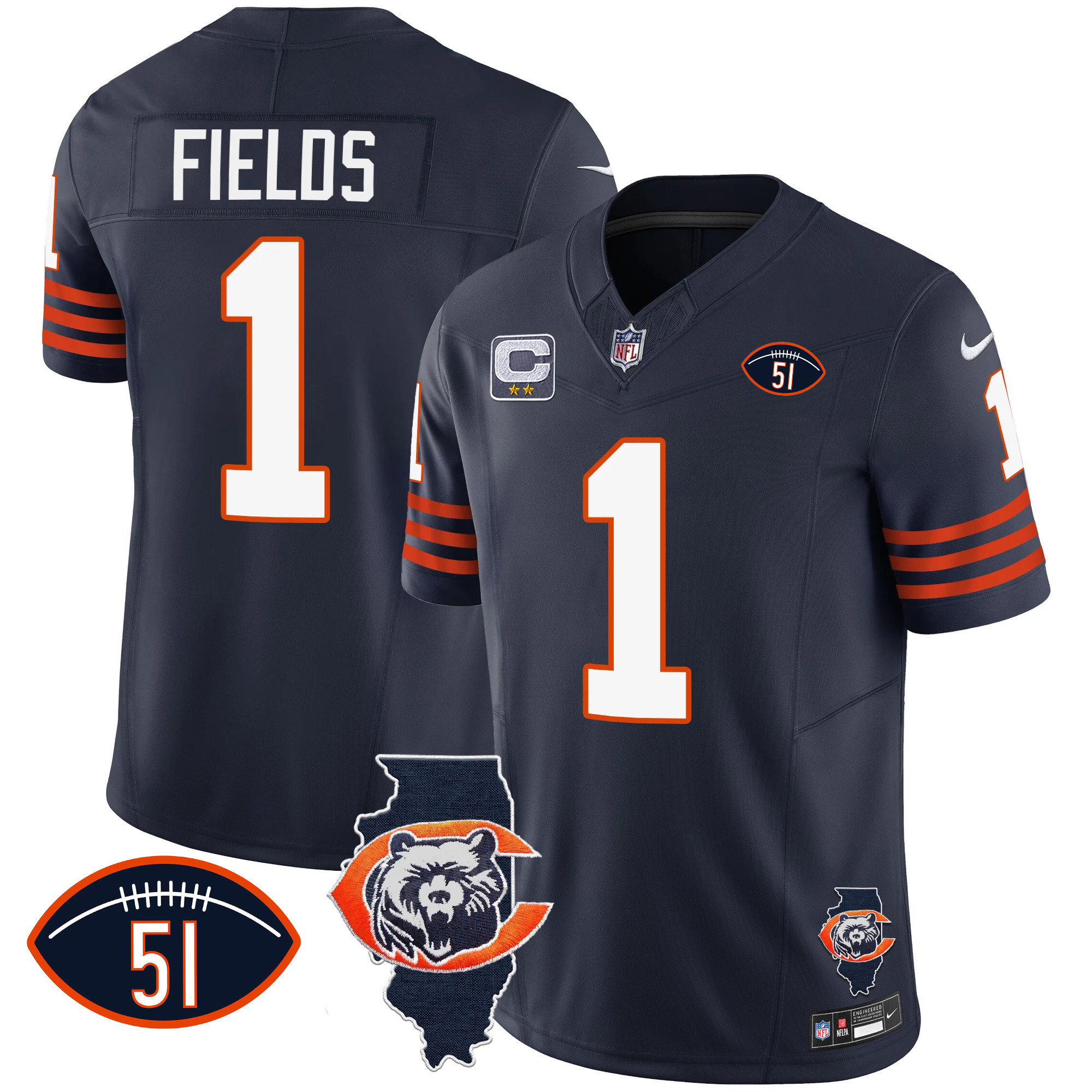 Justin Fields Men's Chicago Bears Throwback Illinois Patch Vapor Navy Jersey - All Stitched 
