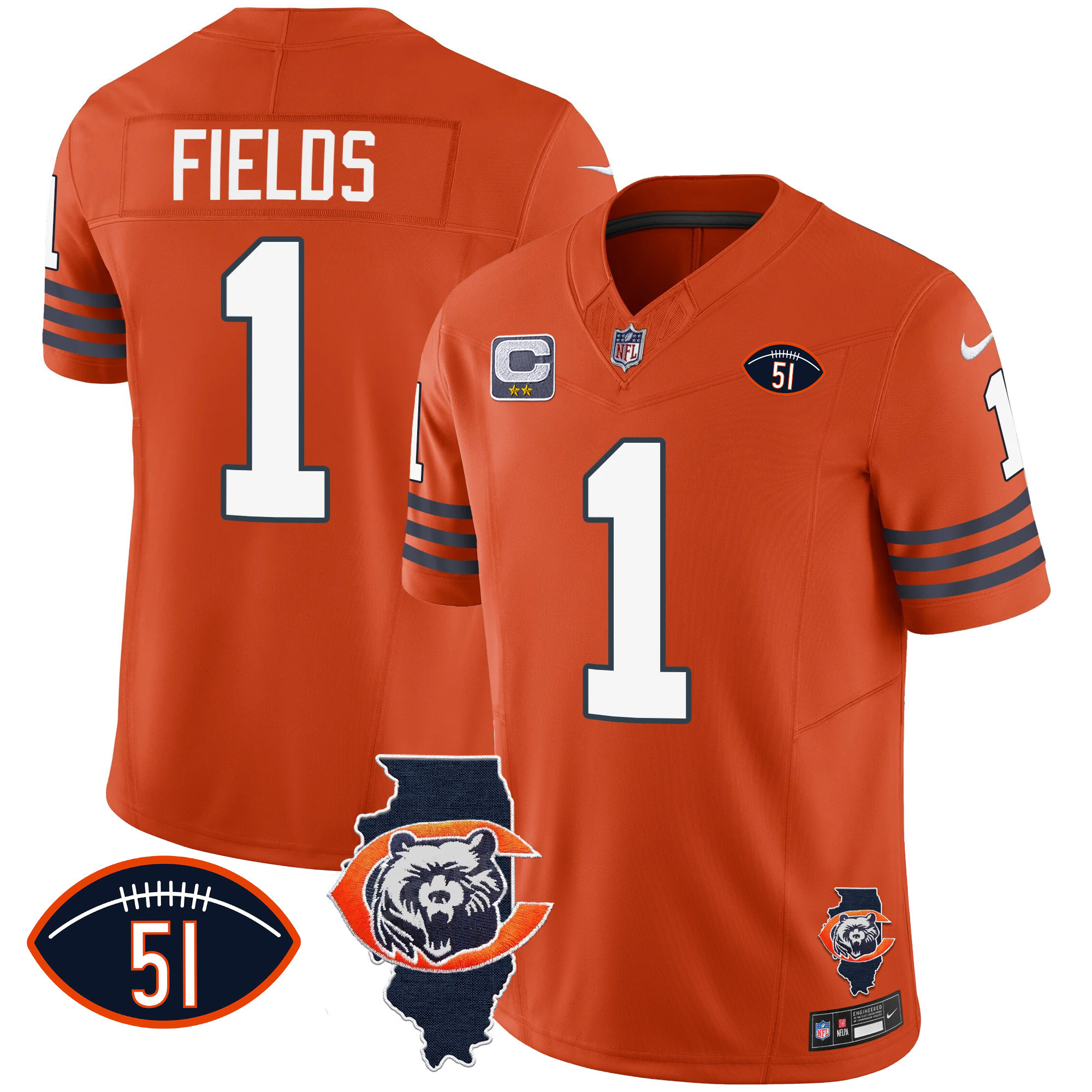 Justin Fields Men's Chicago Bears Throwback Illinois Patch Vapor Orange Jersey - All Stitched 