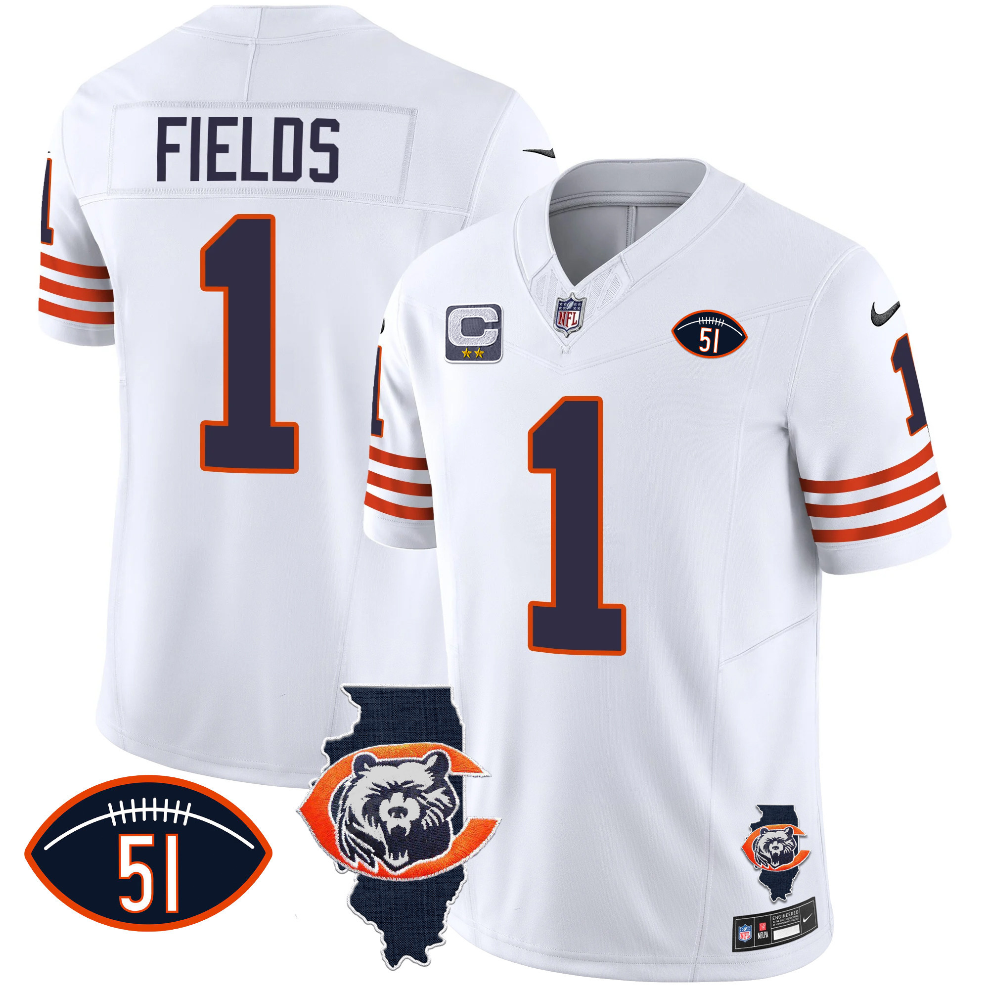 Justin Fields Men's Chicago Bears Throwback Illinois Patch Vapor White Jersey - All Stitched 