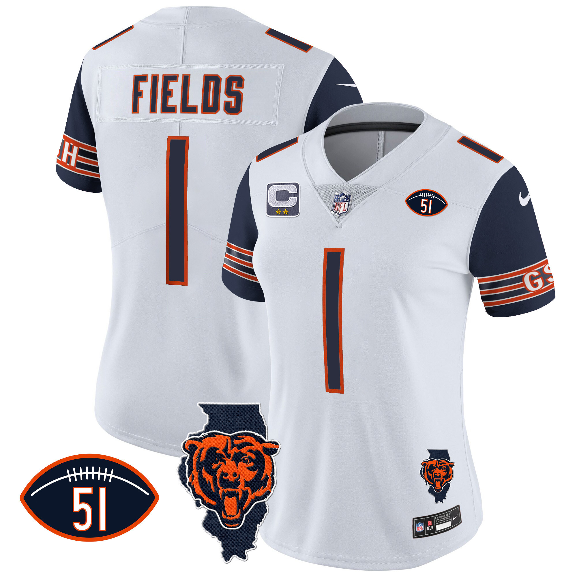 Justin Fields Women's Chicago Bears Illinois Patch Vapor Navy Sleeves Jersey - All Stitched 