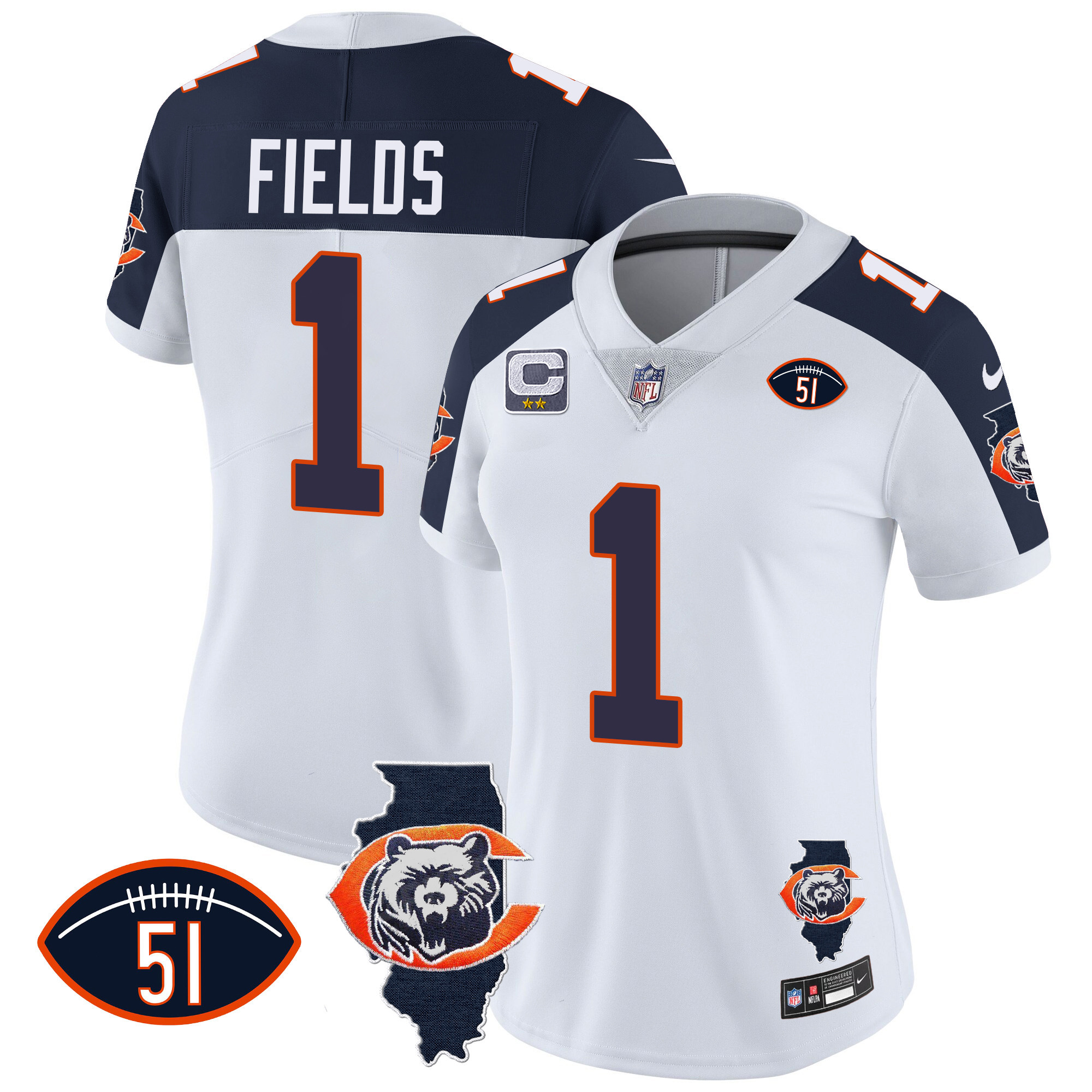 Justin Fields Women's Chicago Bears Throwback Illinois Patch Vapor Inverted Jersey - All Stitched 