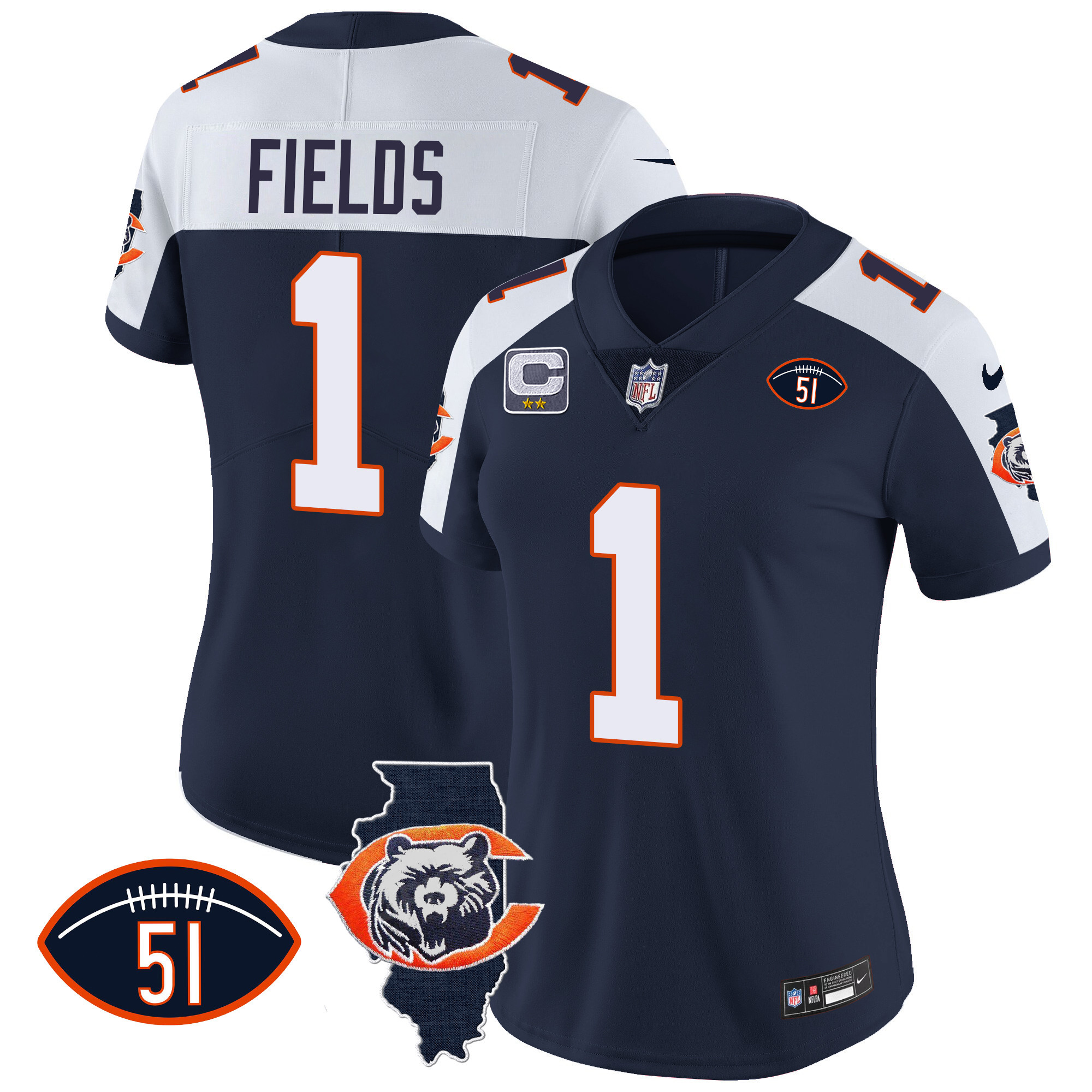Justin Fields Women's Chicago Bears Throwback Illinois Patch Vapor Navy Alternate Jersey - All Stitched 