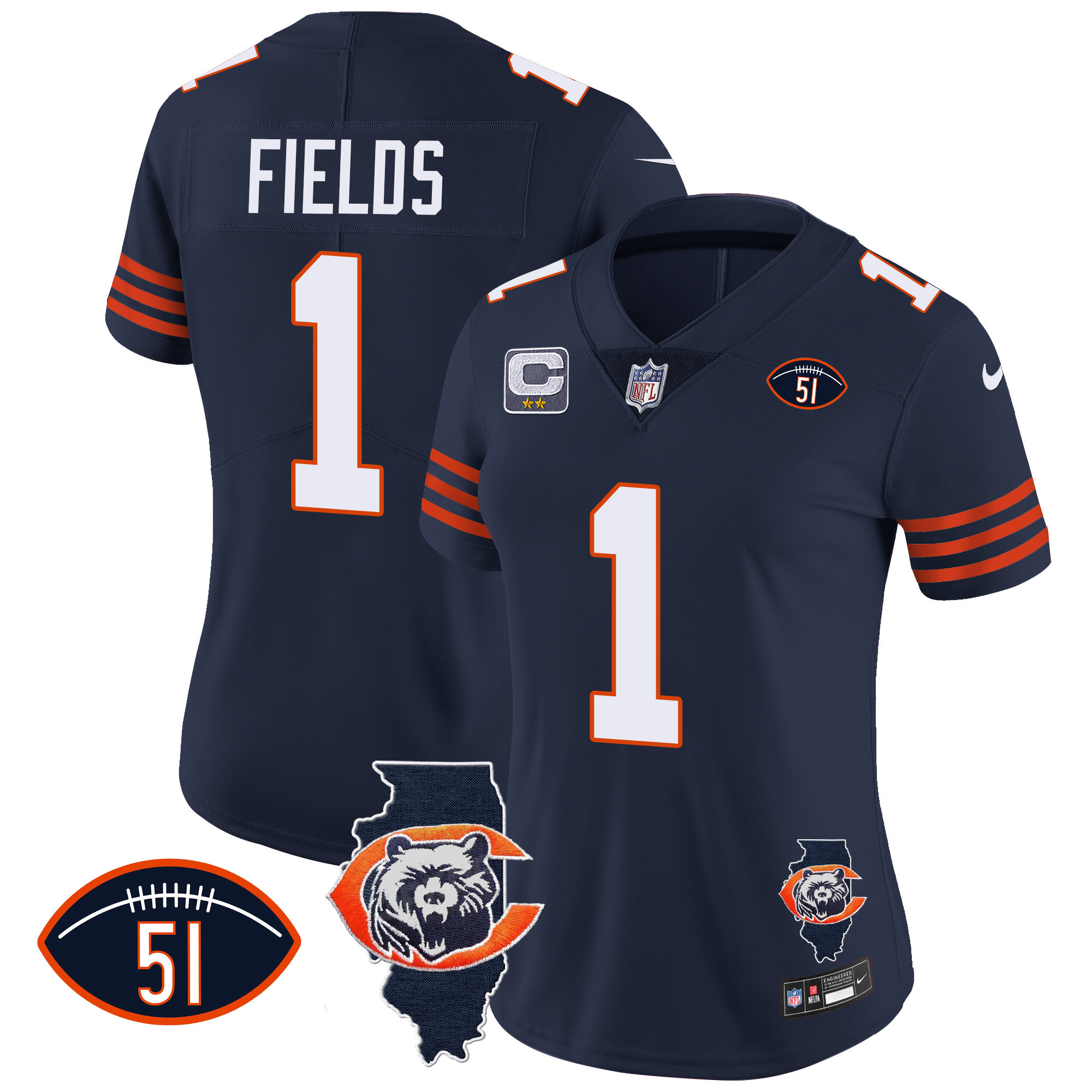 Justin Fields Women's Chicago Bears Throwback Illinois Patch Vapor Navy Jersey - All Stitched 