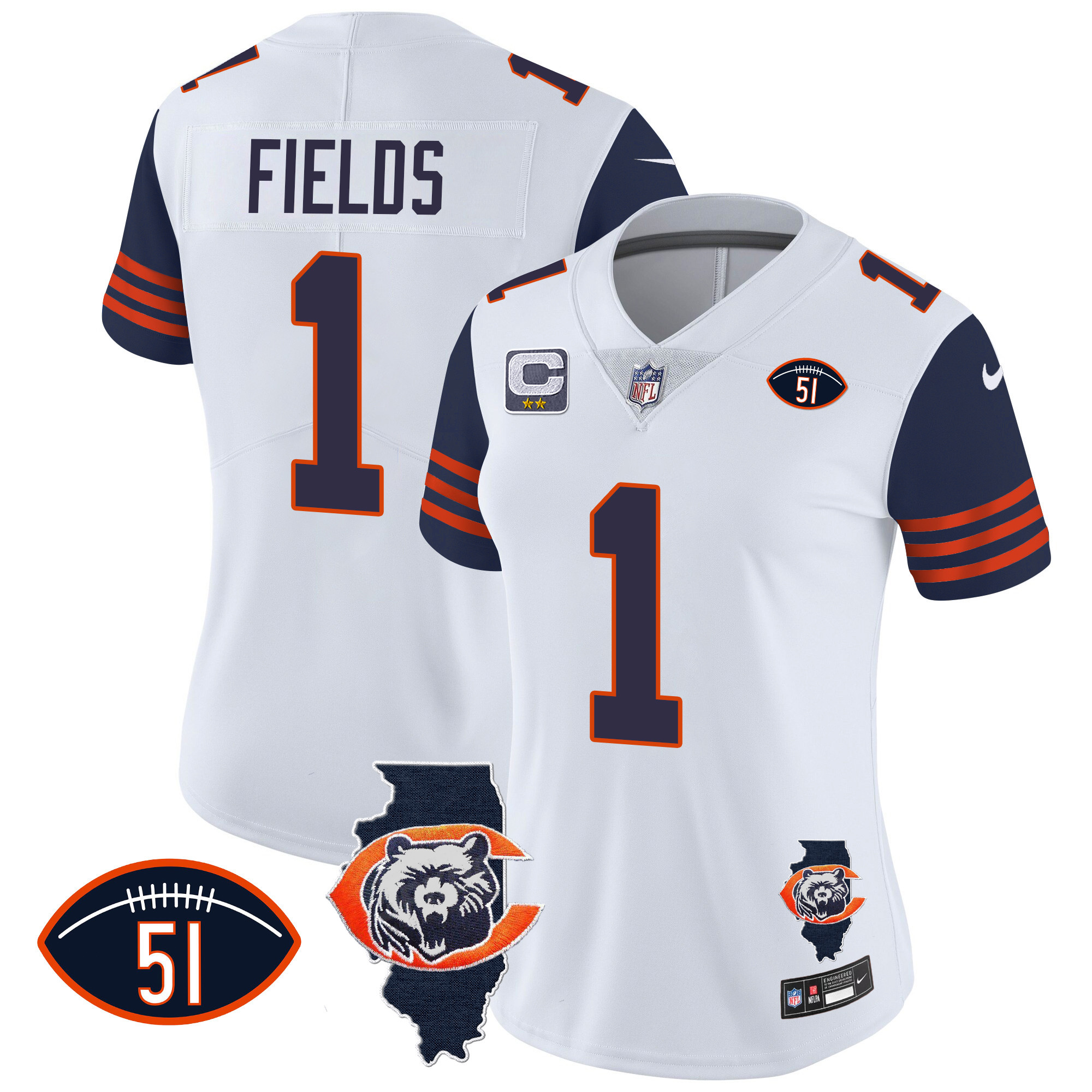 Justin Fields Women's Chicago Bears Throwback Illinois Patch Vapor Navy Sleeves Jersey - All Stitched 