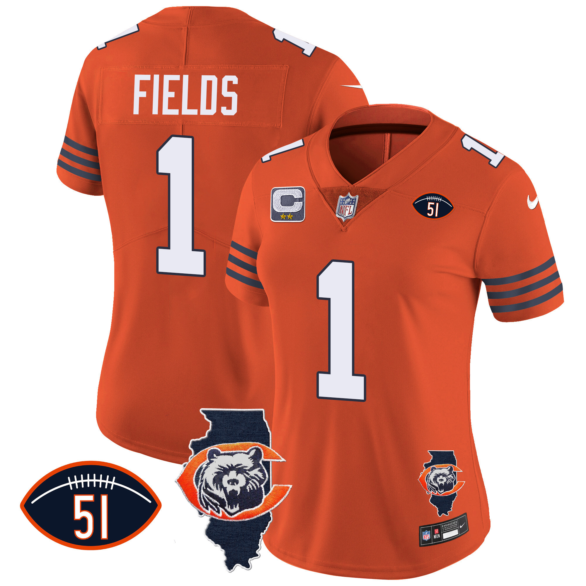 Justin Fields Women's Chicago Bears Throwback Illinois Patch Vapor Orange Jersey - All Stitched 