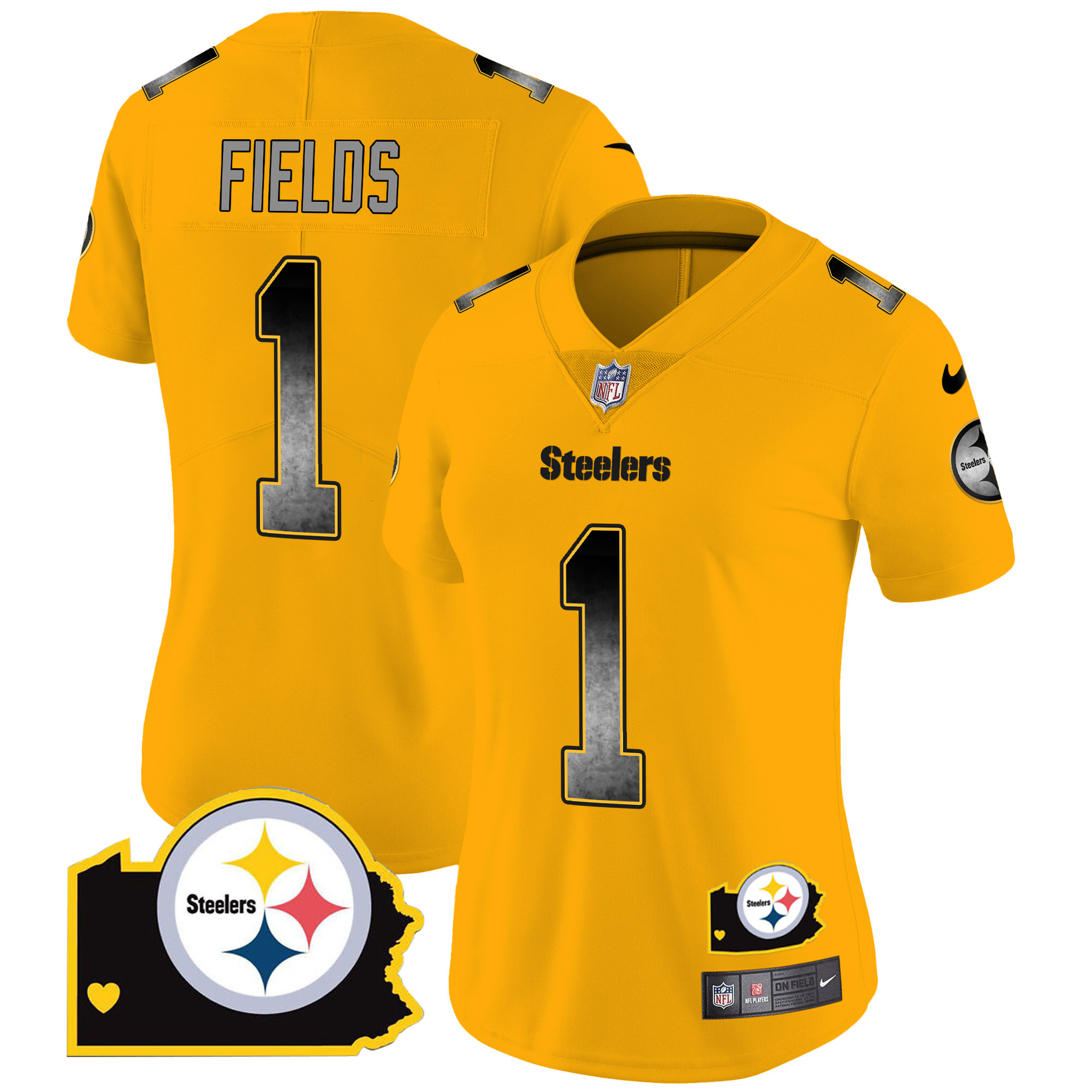 Justin Fields Women's Pittsburgh Steelers Arch Smoke Home Patch Vapor Gold Jersey - All Stitched