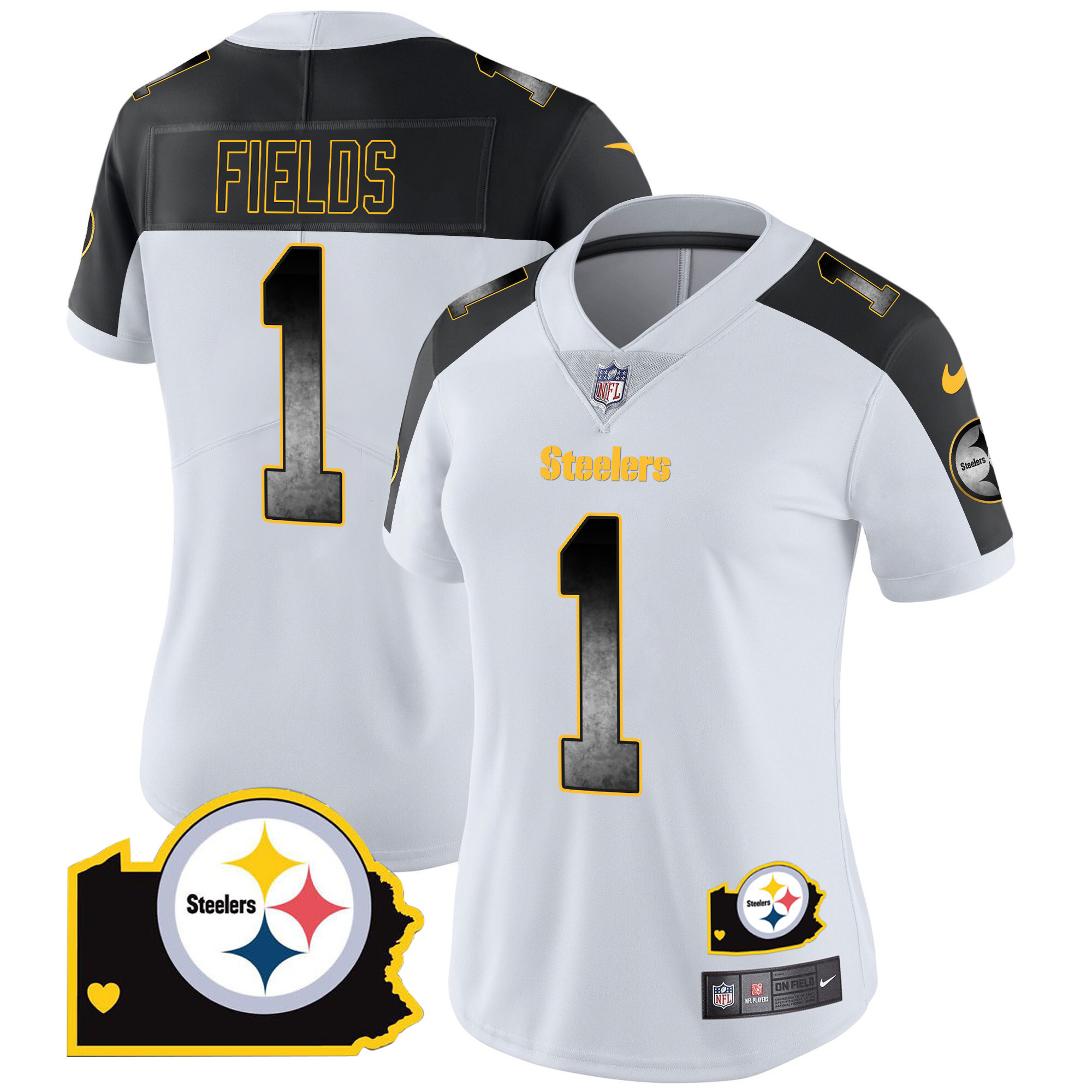Justin Fields Women's Pittsburgh Steelers Arch Smoke Home Patch Vapor Inverted Jersey - All Stitched - Image 1