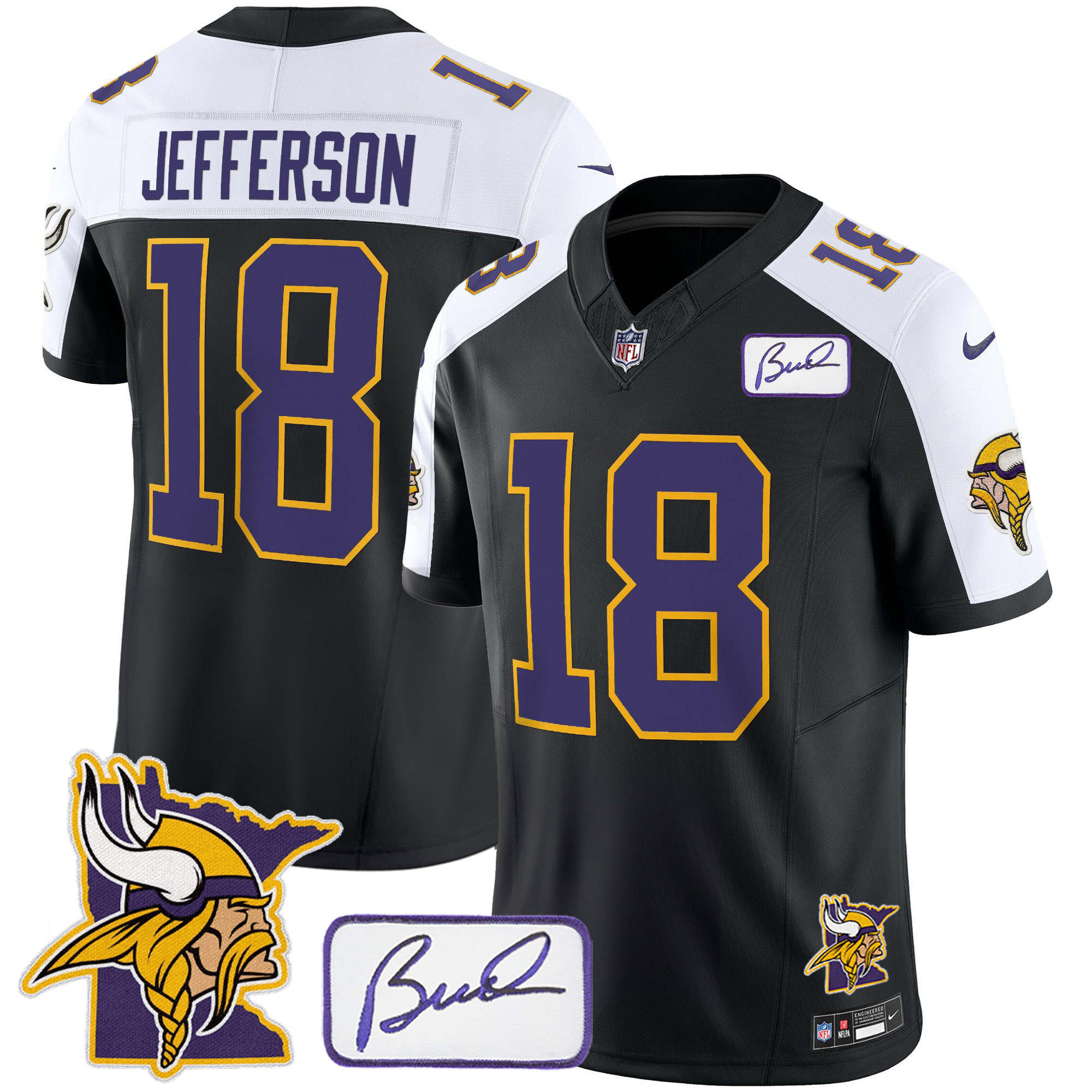 Justin Jefferson Men's Minnesota Vikings Bud Grant & Minnesota Patch Classic Limited Black Alternate Jersey - All Stitched