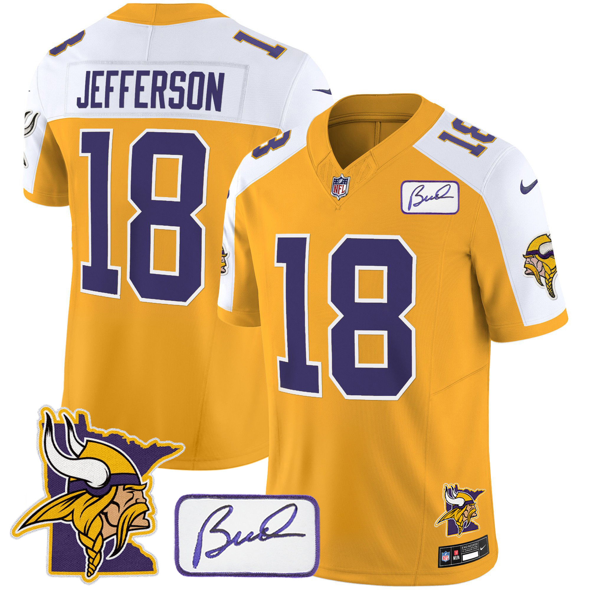 Justin Jefferson Men's Minnesota Vikings Bud Grant & Minnesota Patch Classic Limited Gold Alternate Jersey - All Stitched