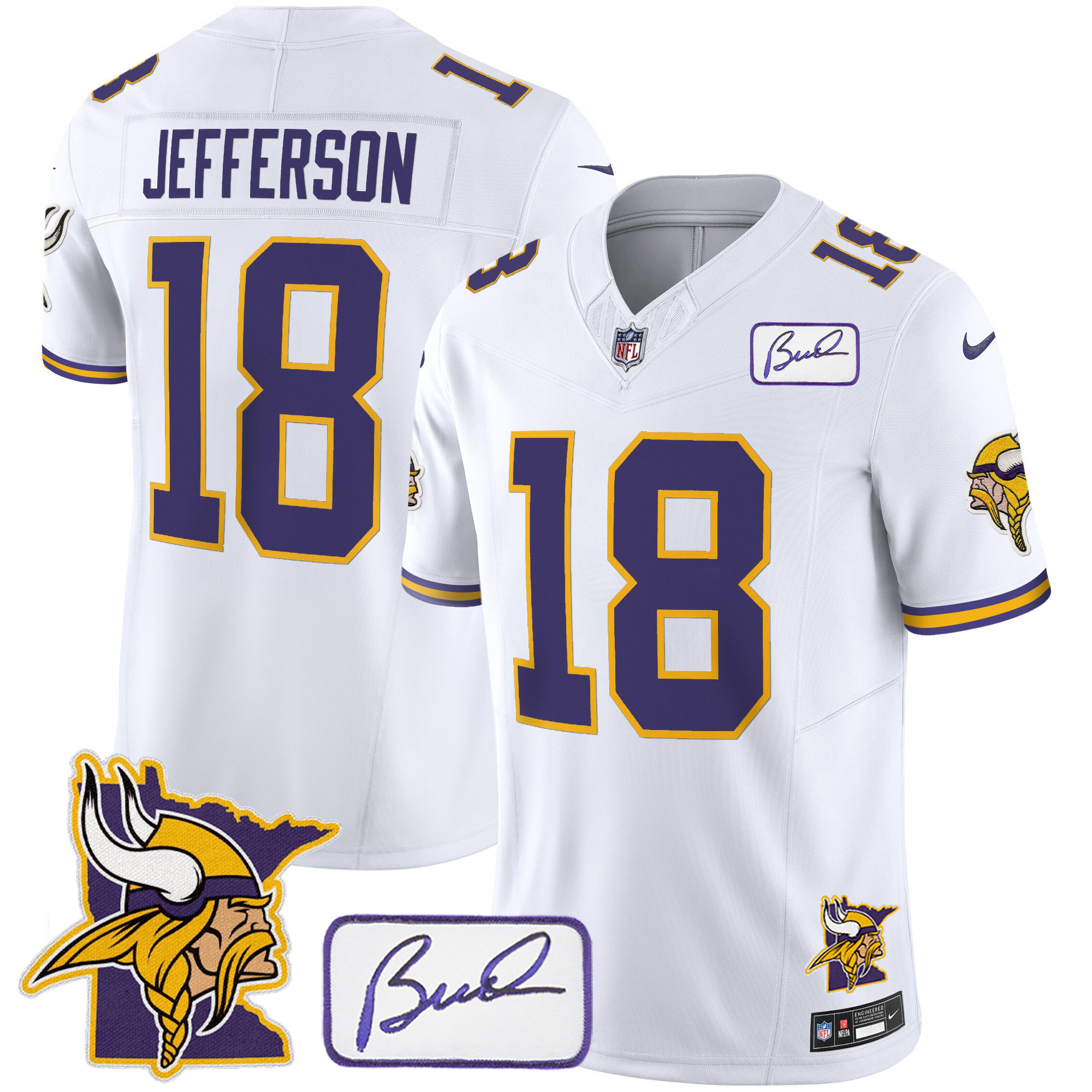 Justin Jefferson Men's Minnesota Vikings Bud Grant & Minnesota Patch Classic Limited White Jersey - All Stitched
