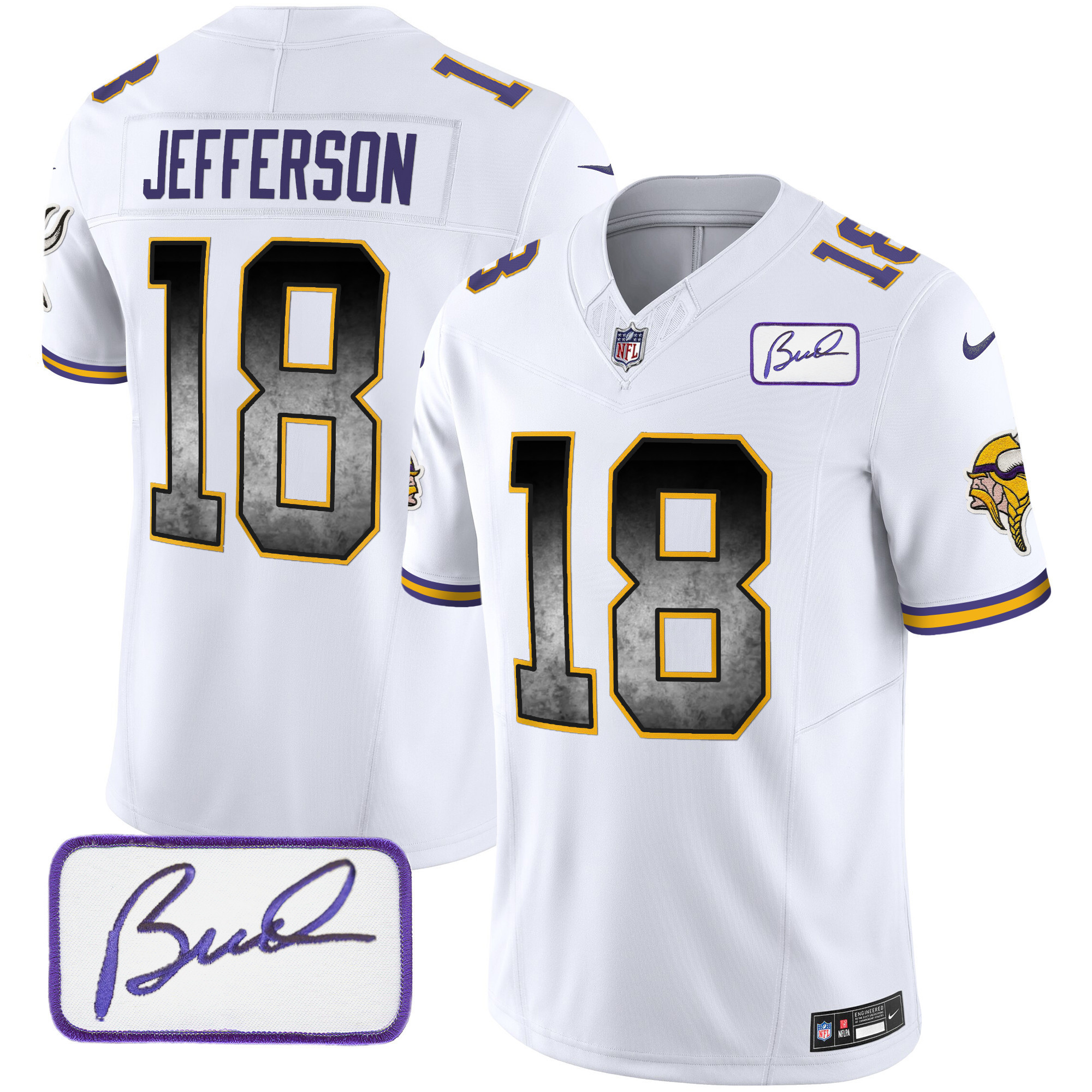 Justin Jefferson Men's Minnesota Vikings Bud Grant Patch Arch Smoke Vapor White Jersey - All Stitched