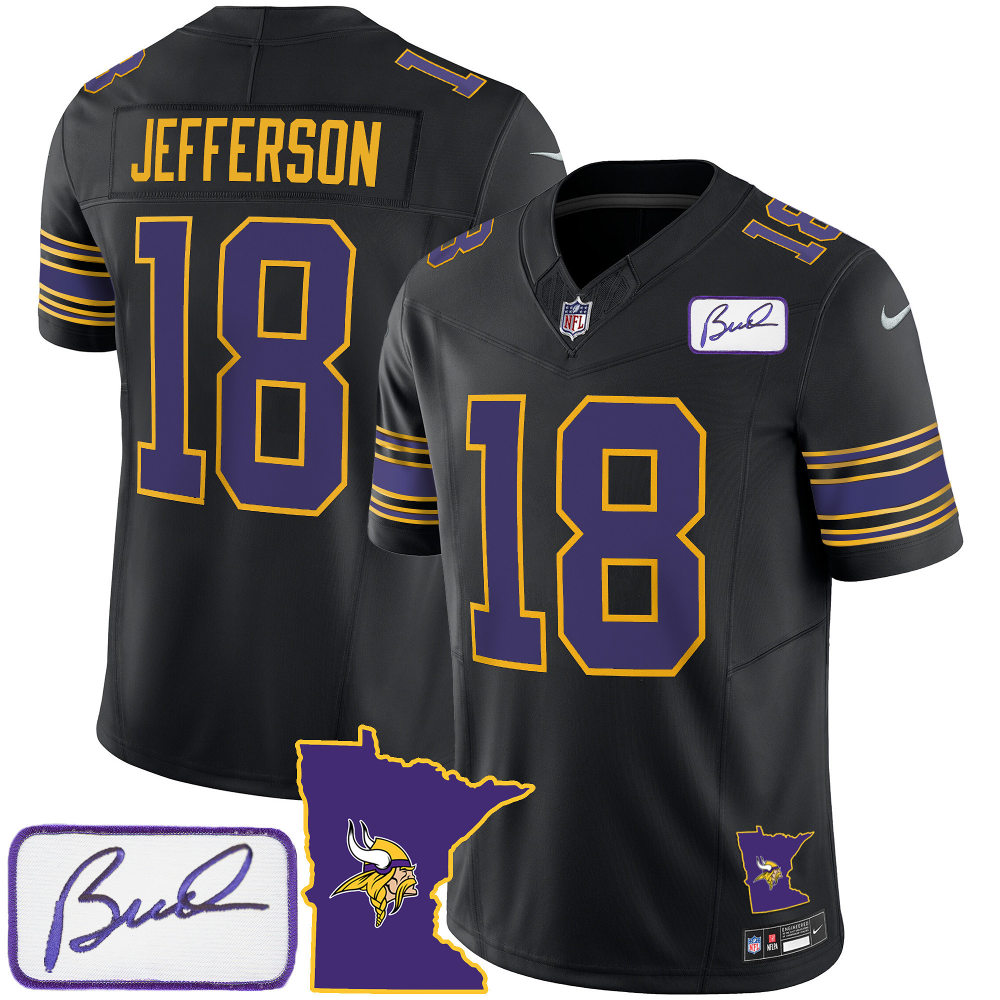 Justin Jefferson Men's Minnesota Vikings Bud Grant Patch Classic Limited V2 Black Jersey - All Stitched