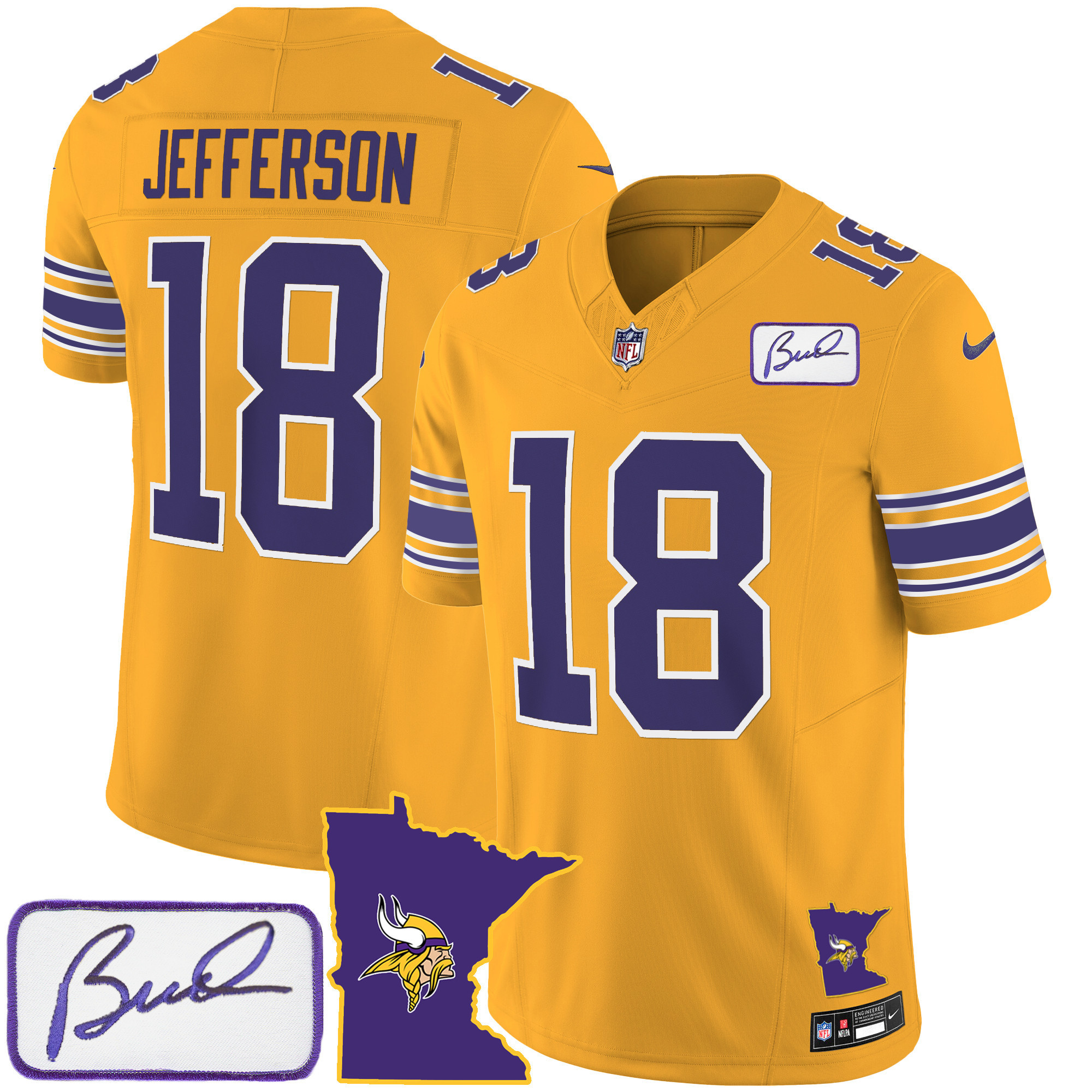 Justin Jefferson Men's Minnesota Vikings Bud Grant Patch Classic Limited V2 Gold Jersey - All Stitched