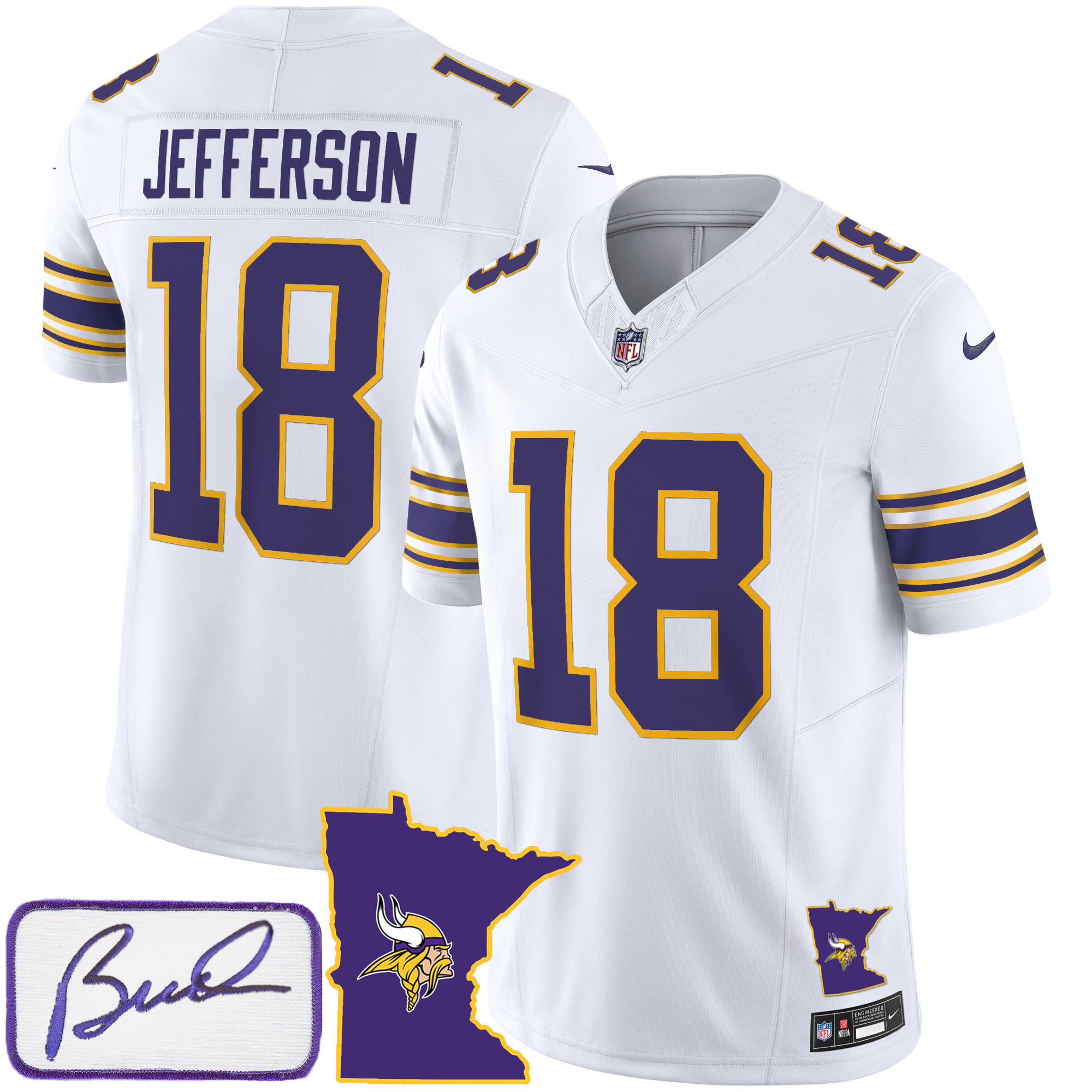 Justin Jefferson Men's Minnesota Vikings Bud Grant Patch Classic Limited V2 White Jersey - All Stitched