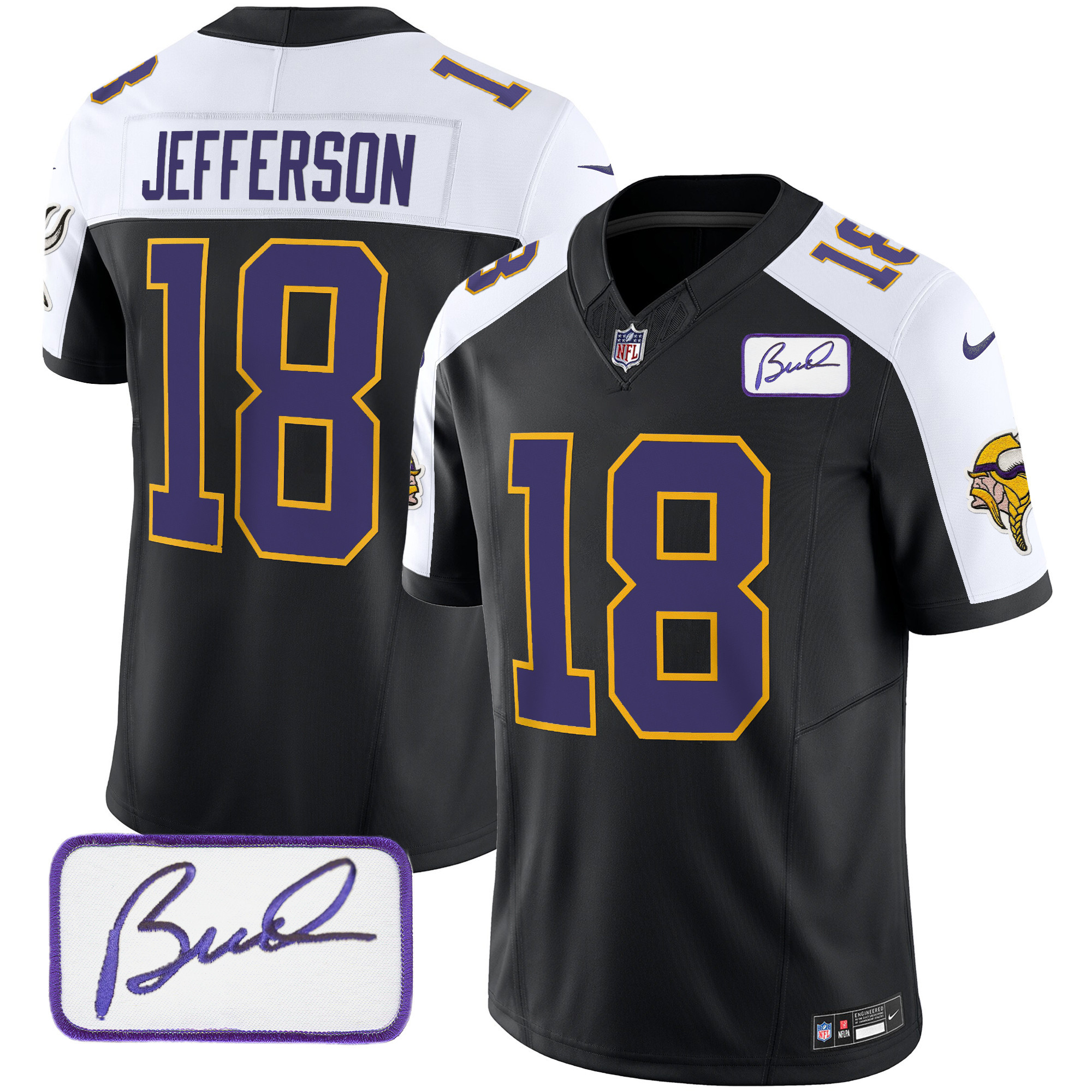 Justin Jefferson Men's Minnesota Vikings Bud Grant Patch Classic Limited V3 Black Alternate Jersey - All Stitched