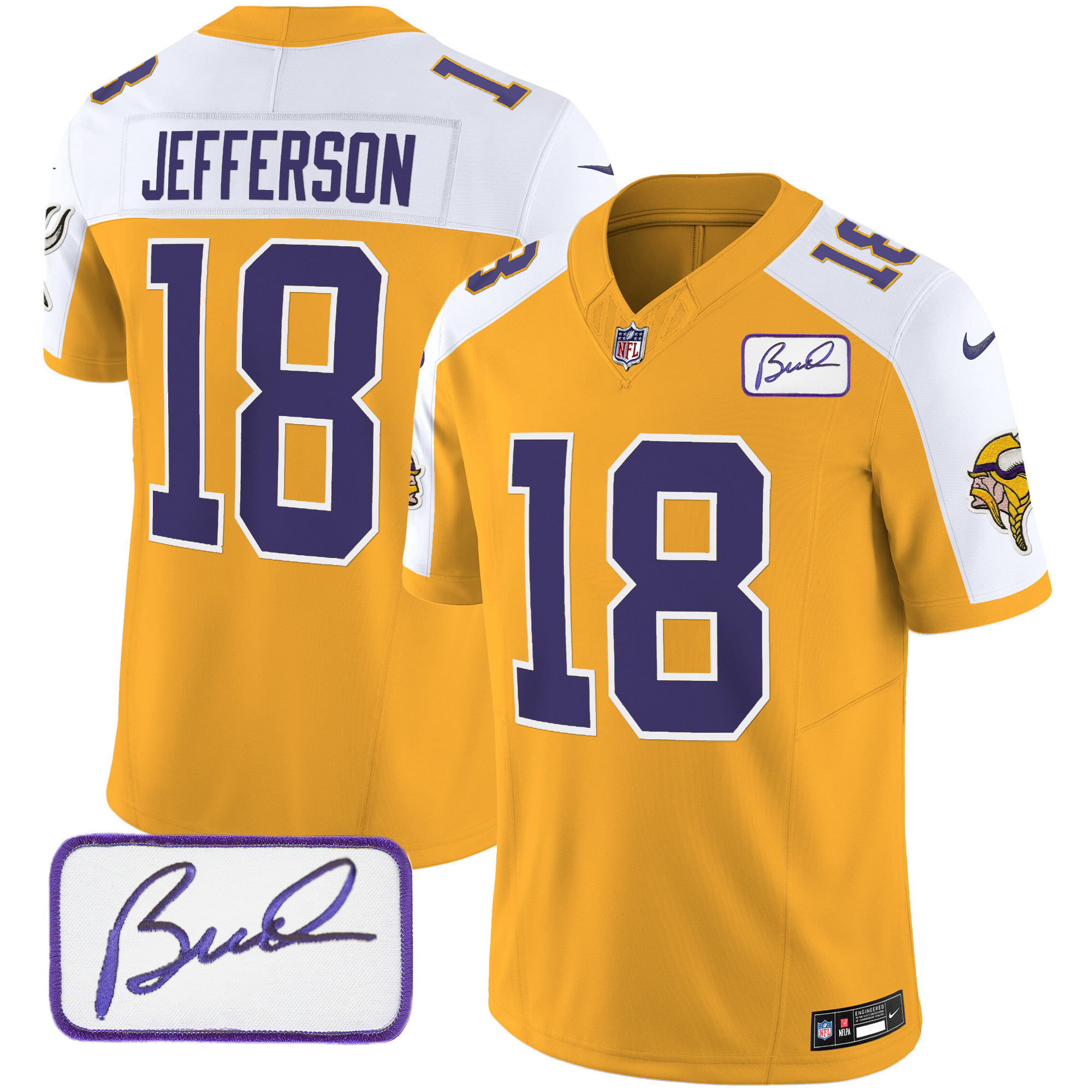 Justin Jefferson Men's Minnesota Vikings Bud Grant Patch Classic Limited V3 Gold Alternate Jersey - All Stitched