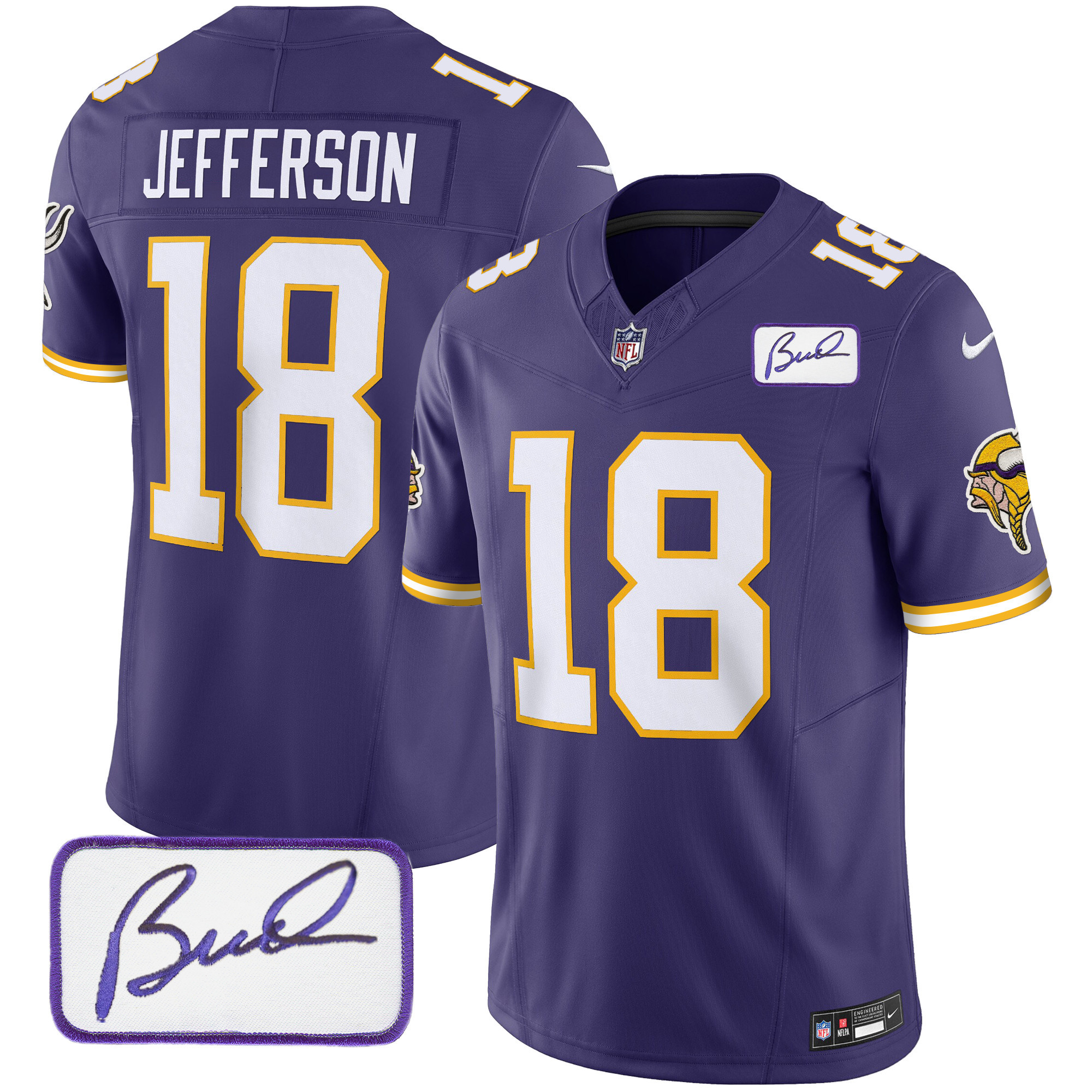 Justin Jefferson Men's Minnesota Vikings Bud Grant Patch Classic Limited V3 Purple Jersey - All Stitched