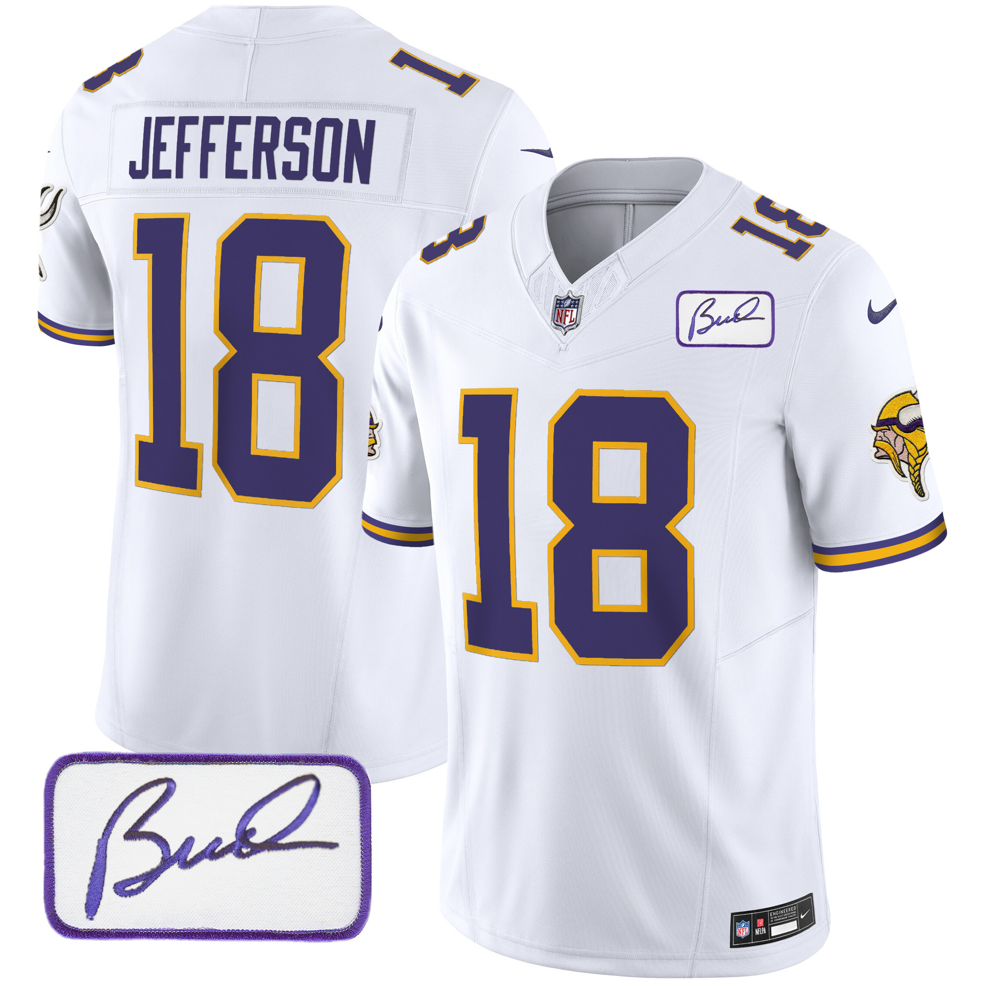 Justin Jefferson Men's Minnesota Vikings Bud Grant Patch Classic Limited V3 White Jersey - All Stitched
