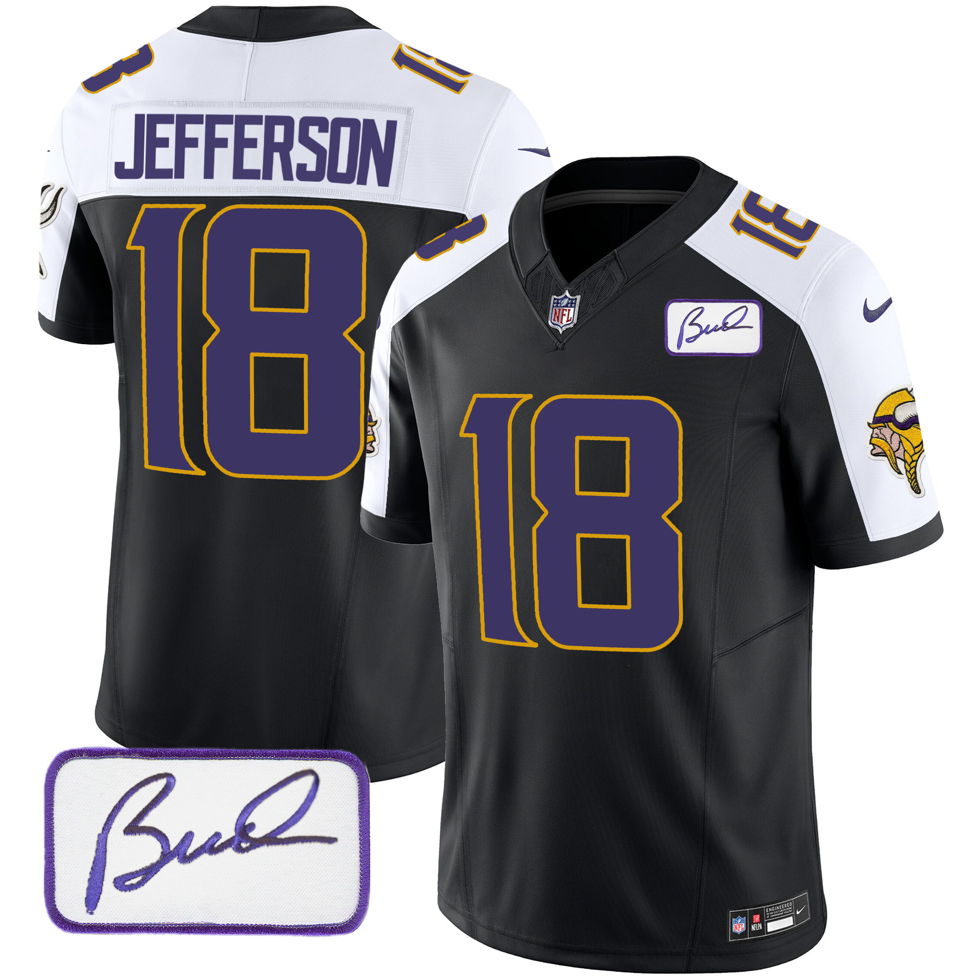 Justin Jefferson Men's Minnesota Vikings Bud Grant Patch Classic Limited V4 Black Alternate Jersey - All Stitched