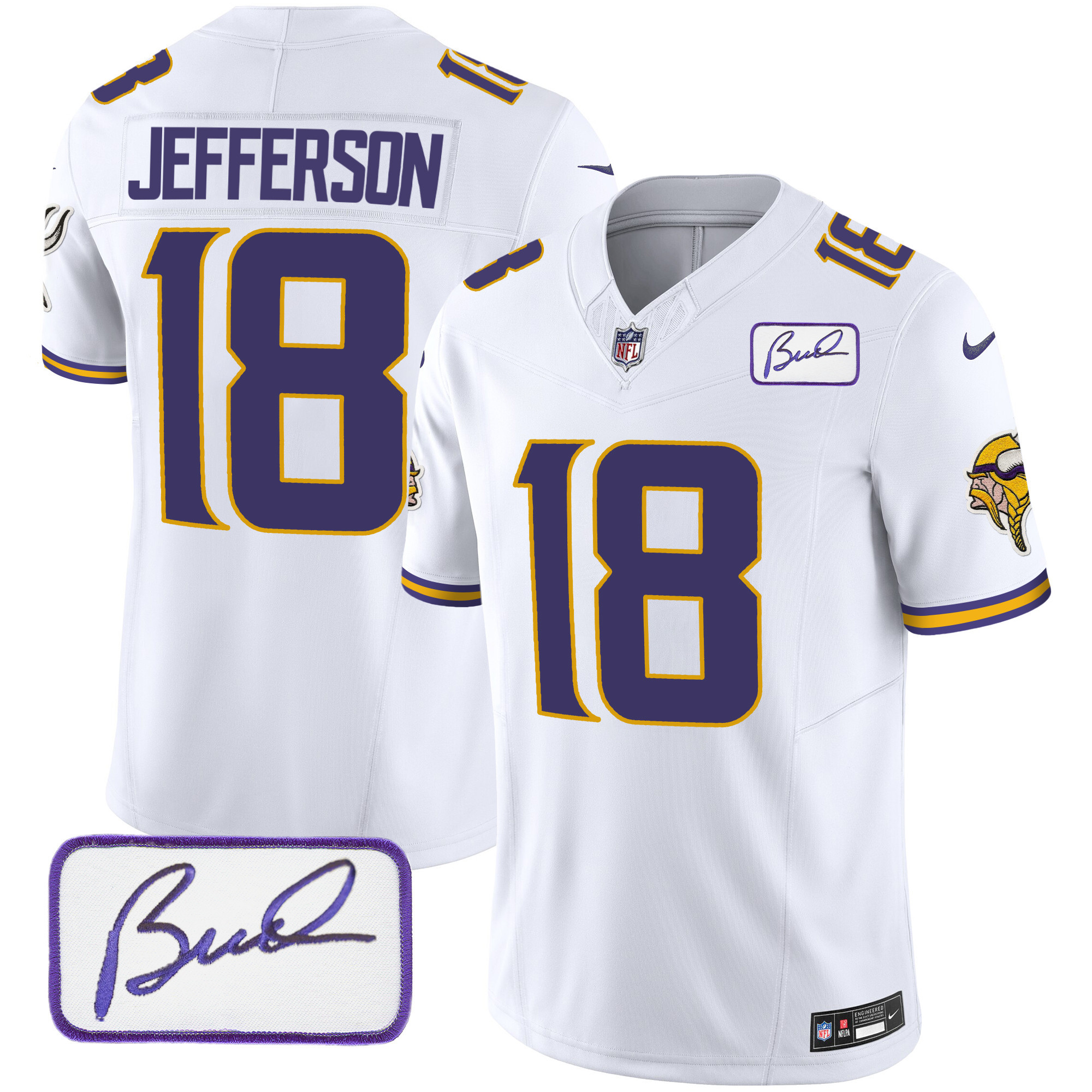 Justin Jefferson Men's Minnesota Vikings Bud Grant Patch Classic Limited V4 White Jersey - All Stitched