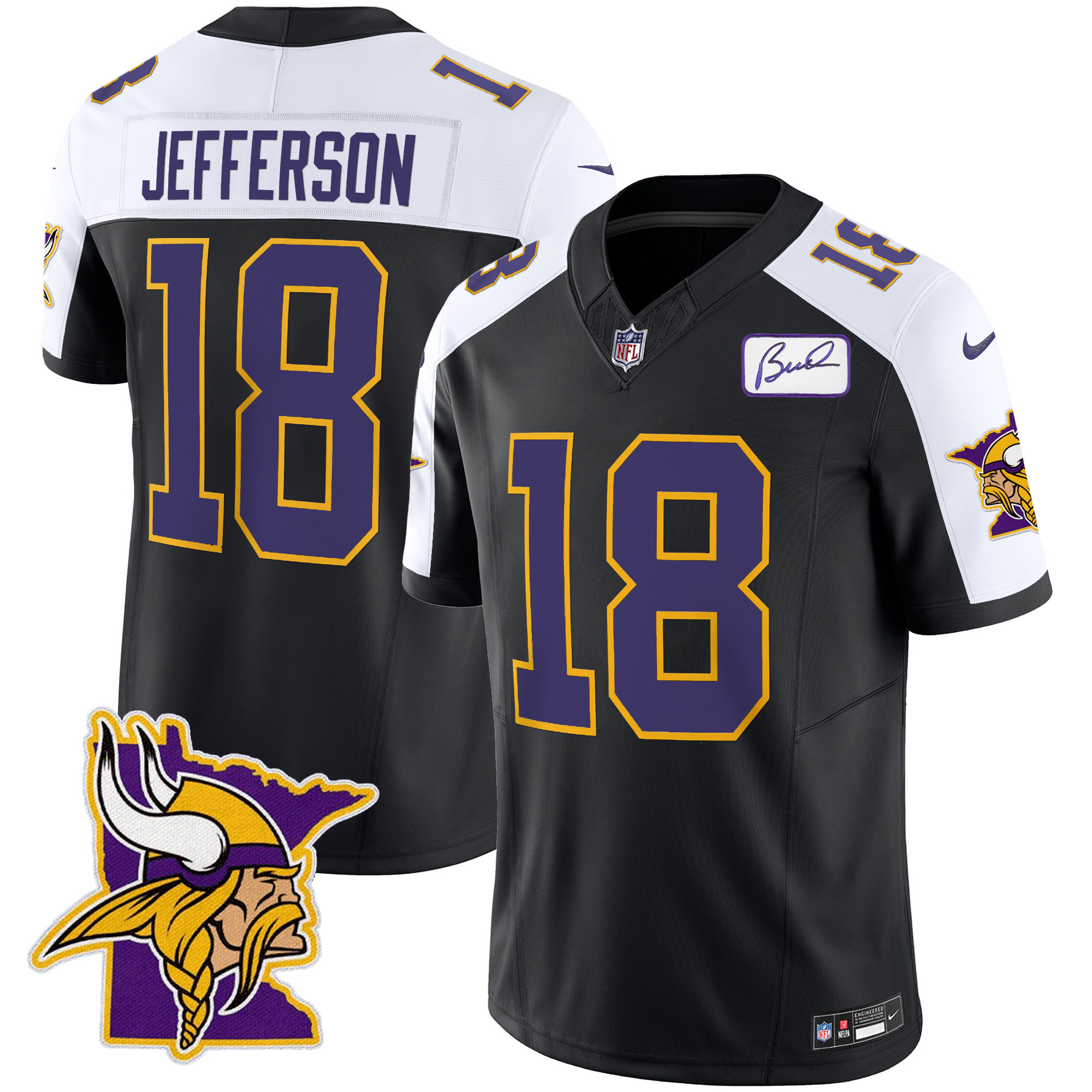 Justin Jefferson Men's Minnesota Vikings Bud Grant Patch Classic Limited V5 Black Alternate Jersey - All Stitched