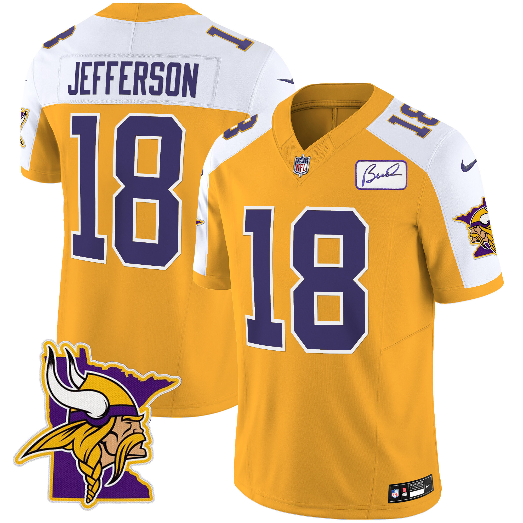 Justin Jefferson Men's Minnesota Vikings Bud Grant Patch Classic Limited V5 Gold Alternate Jersey - All Stitched