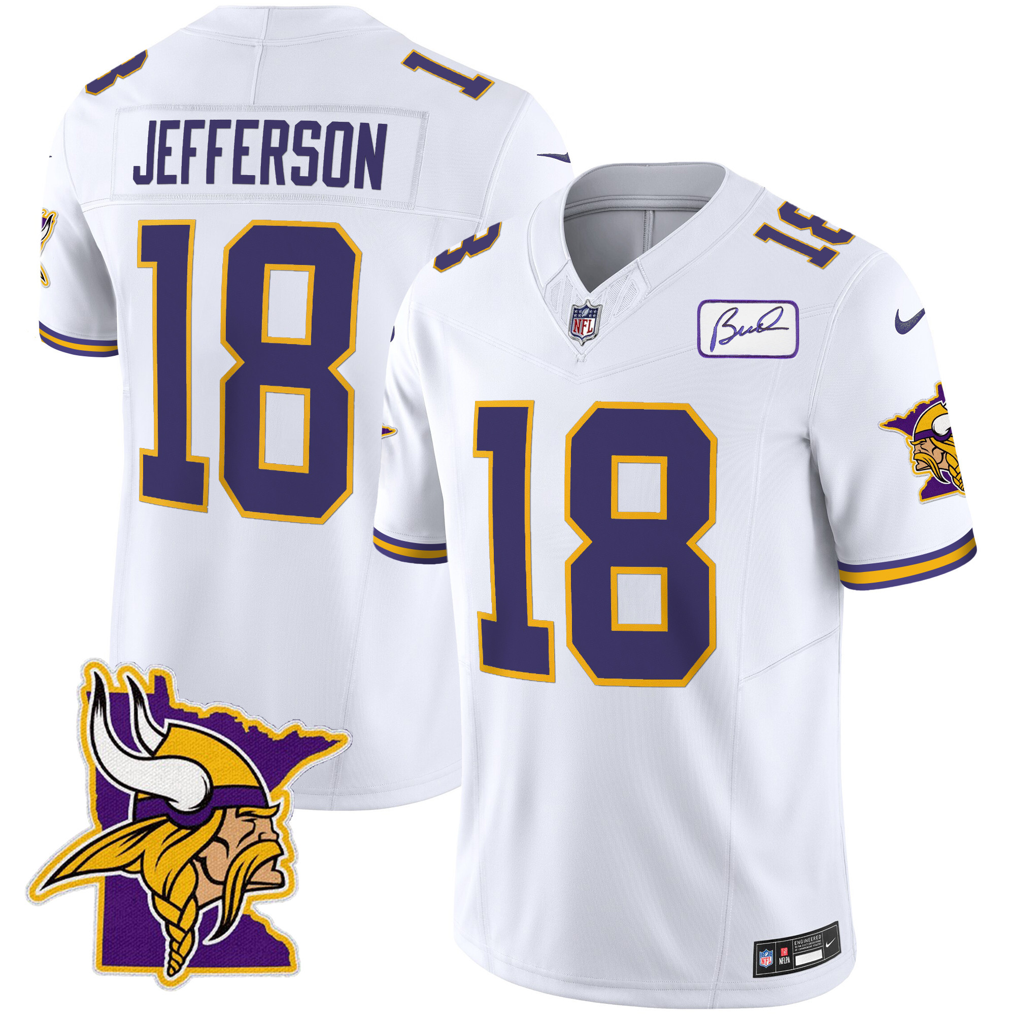 Justin Jefferson Men's Minnesota Vikings Bud Grant Patch Classic Limited V5 White Jersey - All Stitched