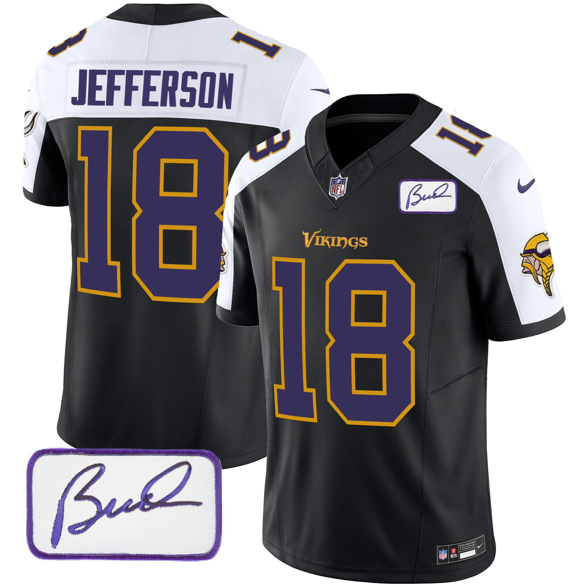 Justin Jefferson Men's Minnesota Vikings Bud Grant Patch Classic Limited V6 Black Alternate Jersey - All Stitched