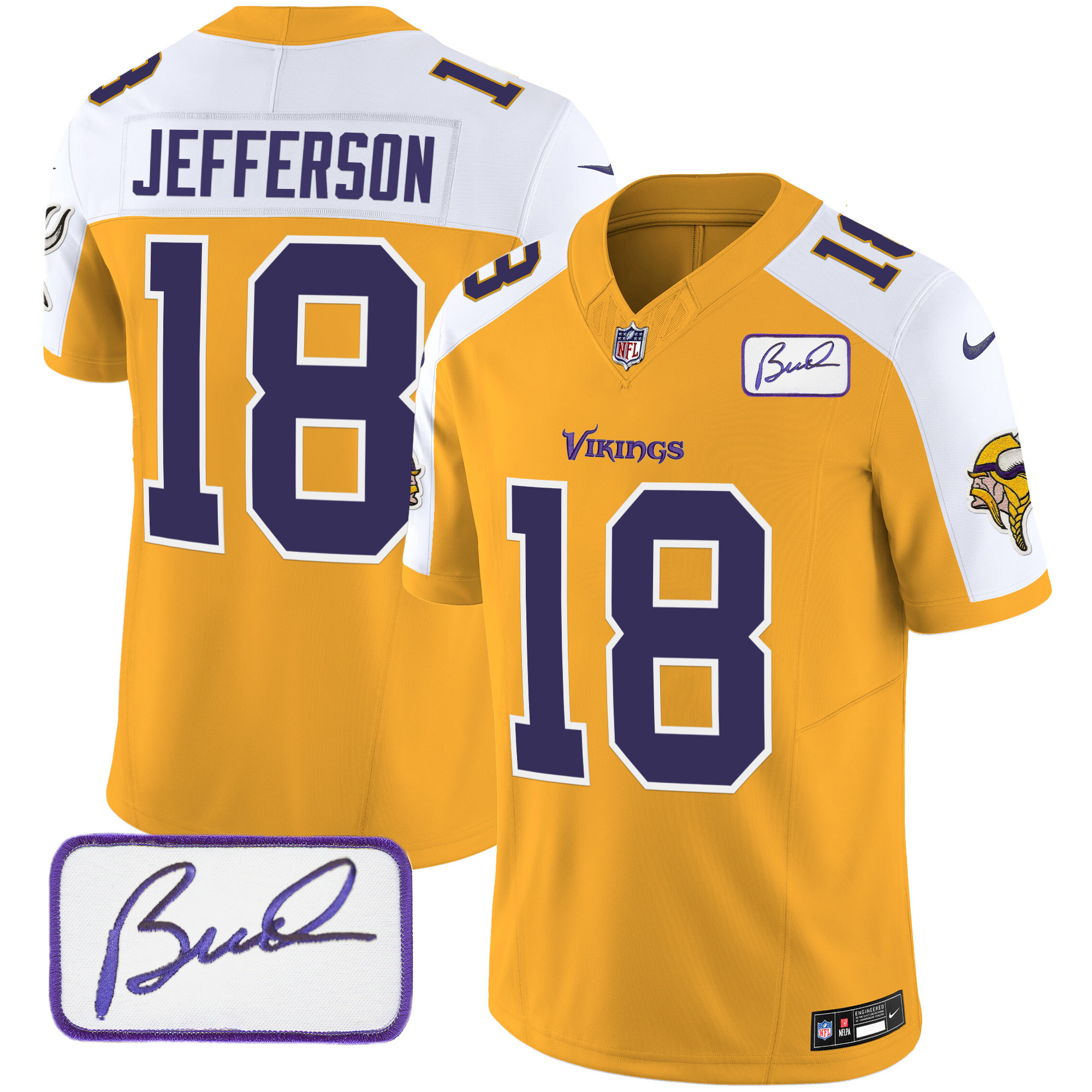 Justin Jefferson Men's Minnesota Vikings Bud Grant Patch Classic Limited V6 Gold Alternate Jersey - All Stitched