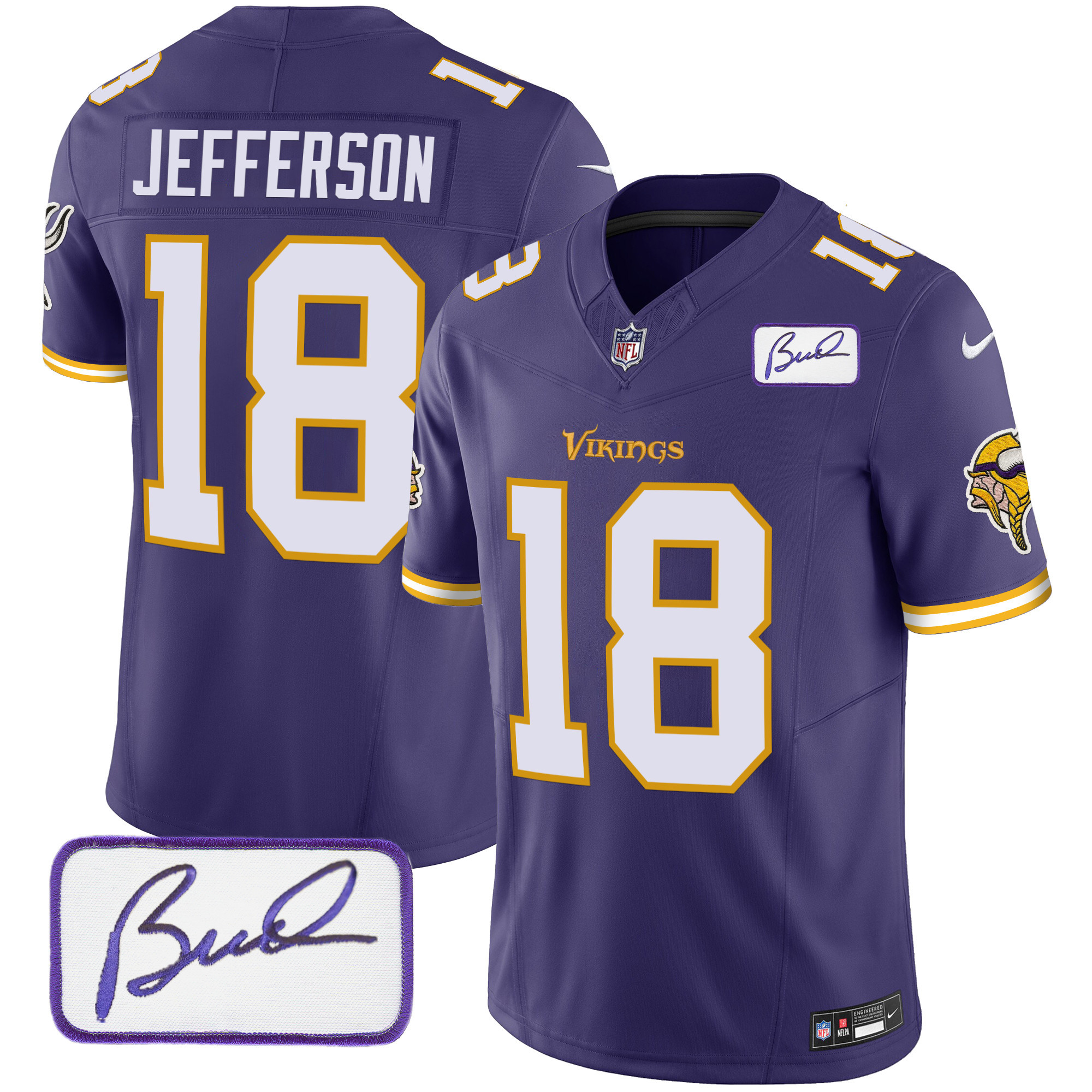 Justin Jefferson Men's Minnesota Vikings Bud Grant Patch Classic Limited V6 Purple Jersey - All Stitched
