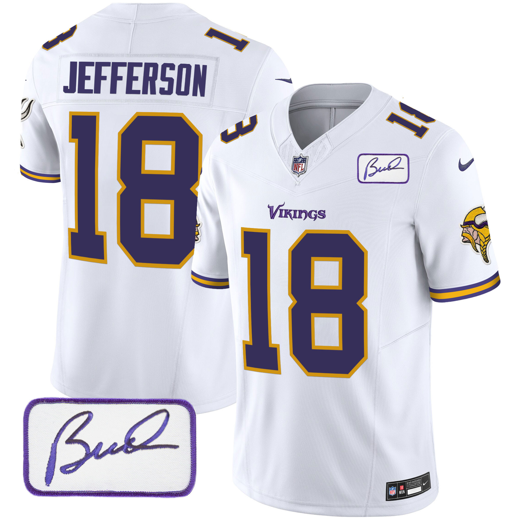 Justin Jefferson Men's Minnesota Vikings Bud Grant Patch Classic Limited V6 White Jersey - All Stitched